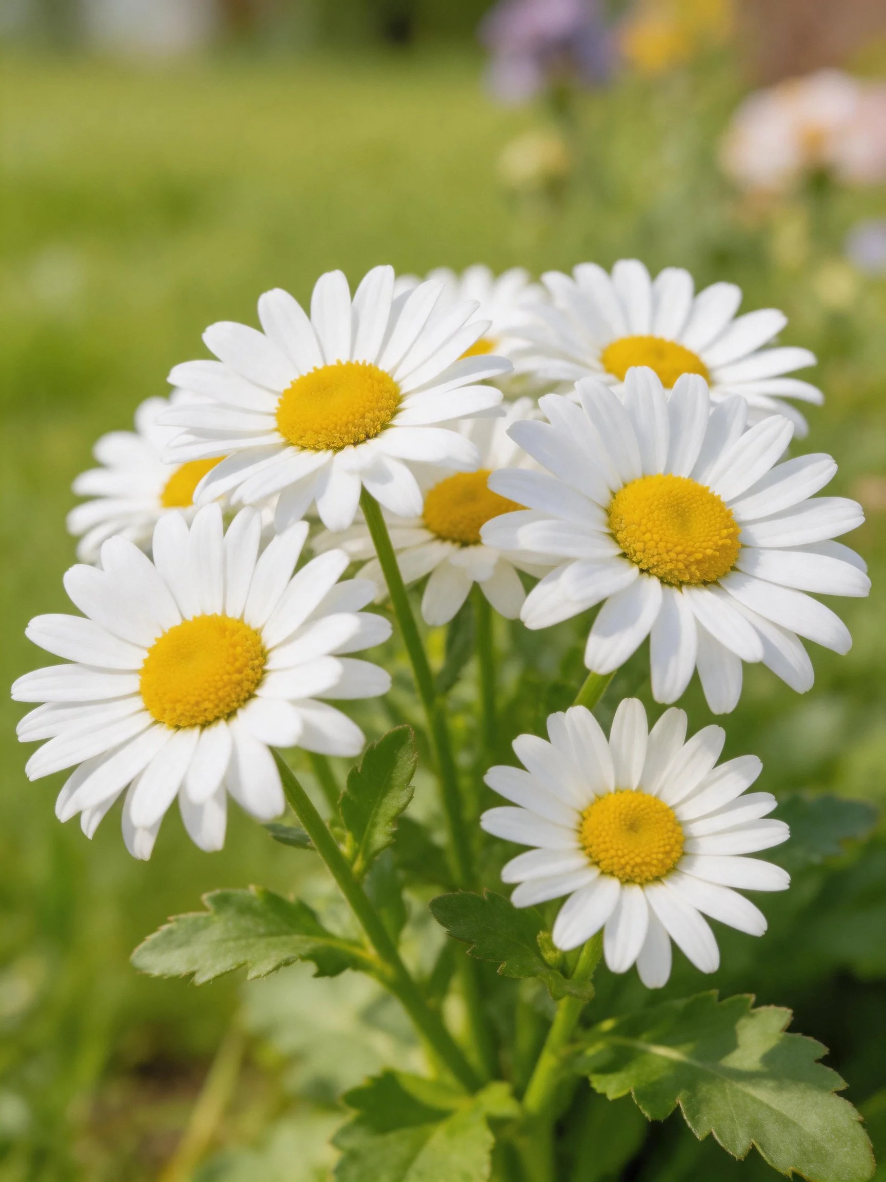 Six white daisy blooms with yellow centers in a cluster