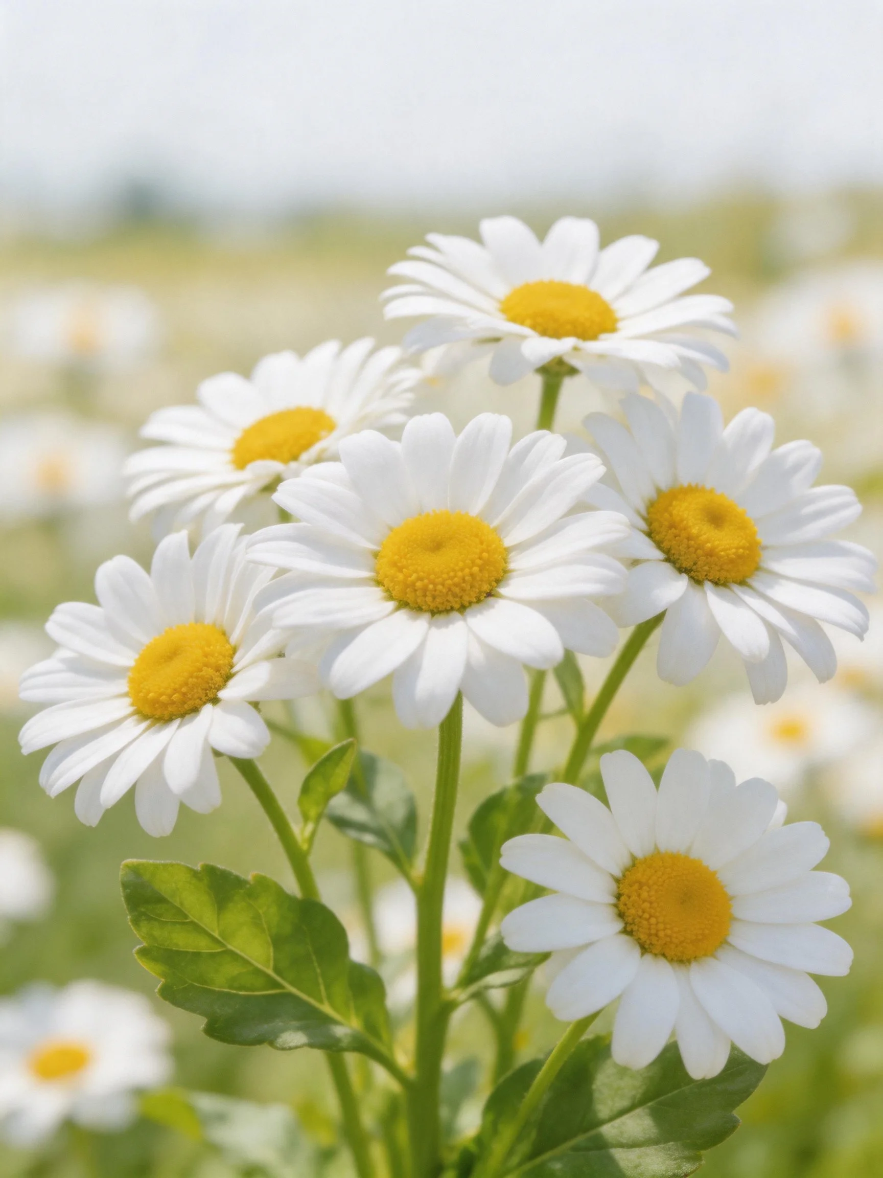 Six white daisy blooms with yellow centers in a natural setting
