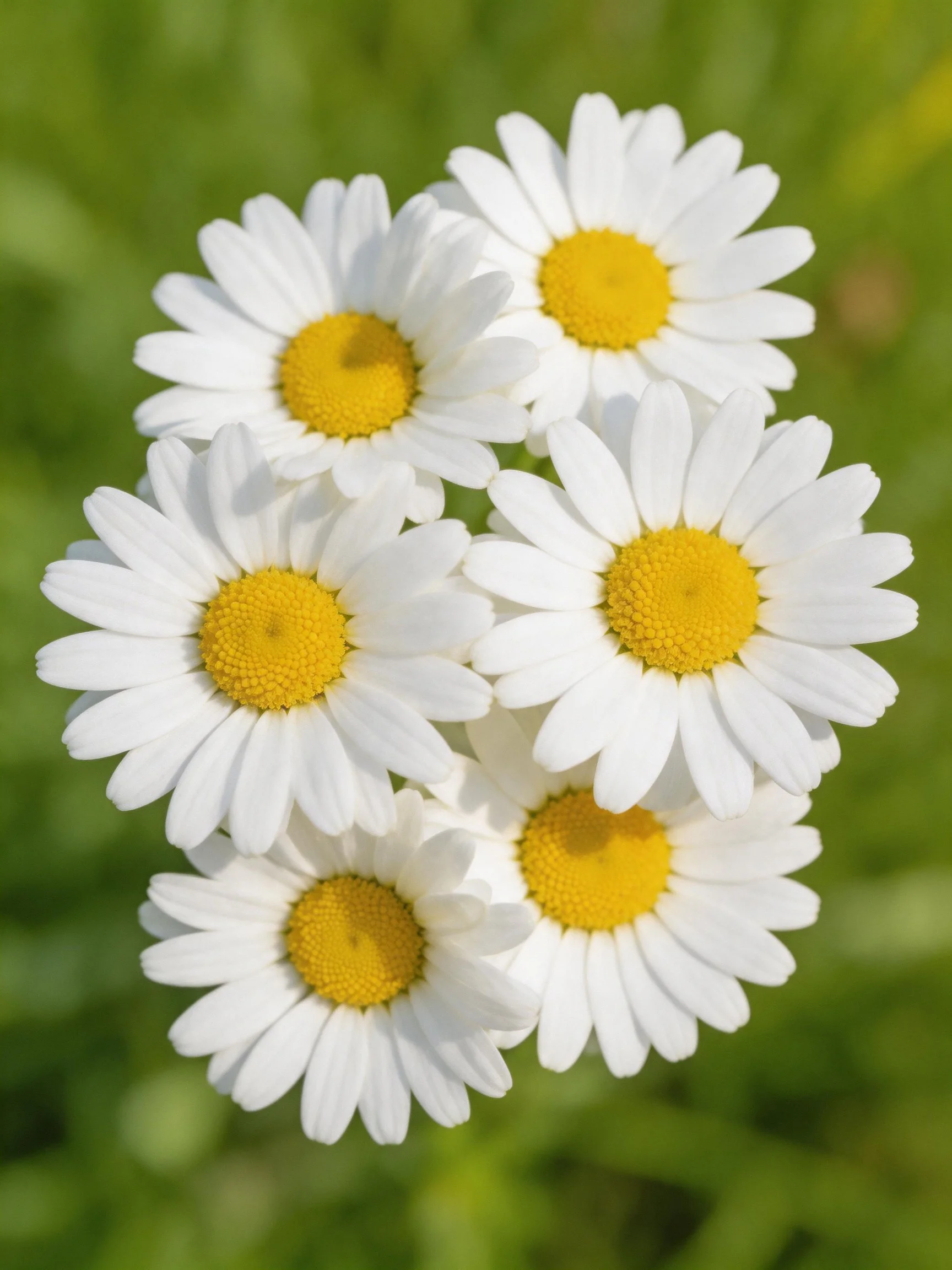 Six white daisy flowers with bright yellow centers clustered outdoors