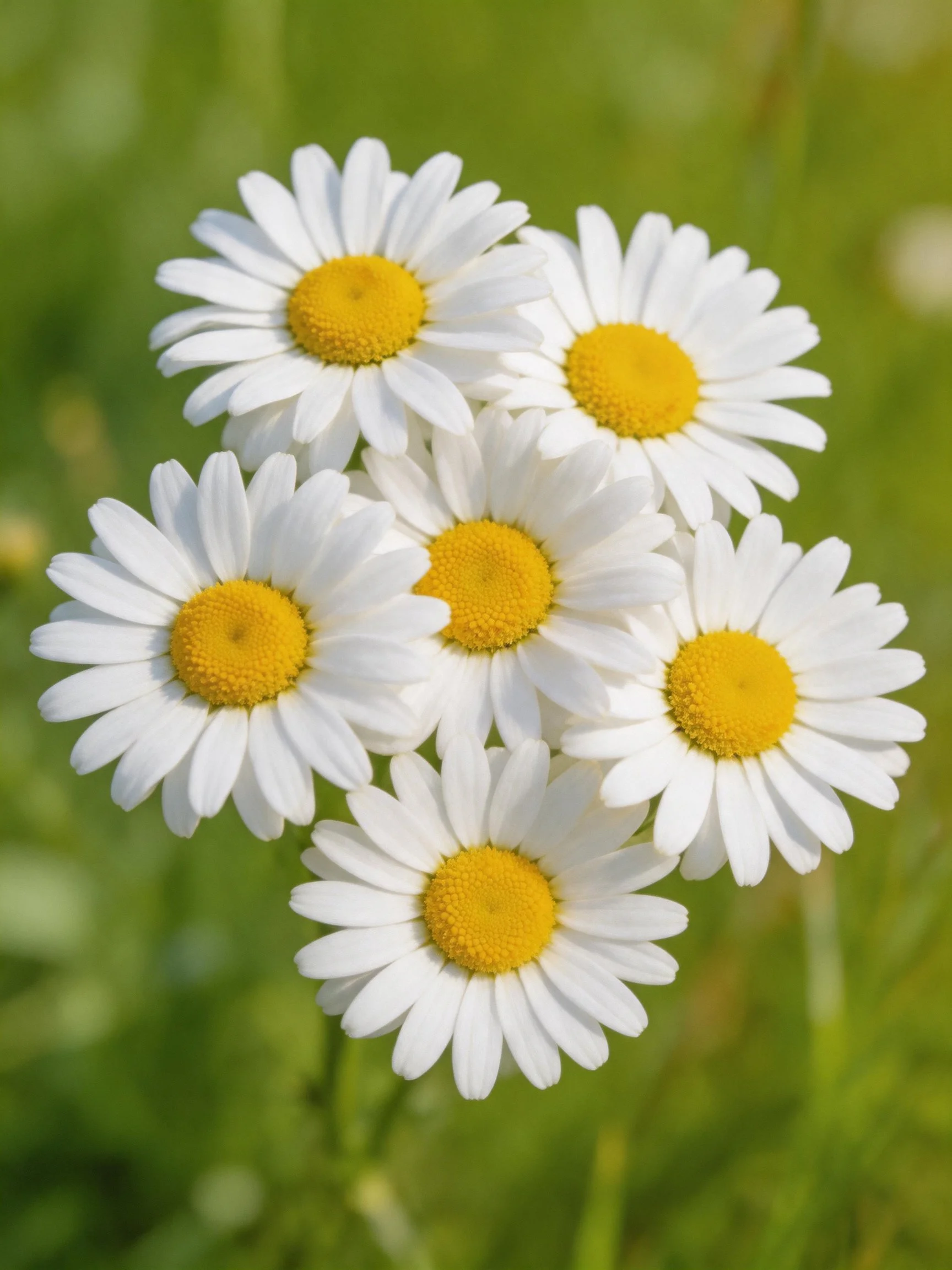 Six white daisy flowers with bright yellow centers