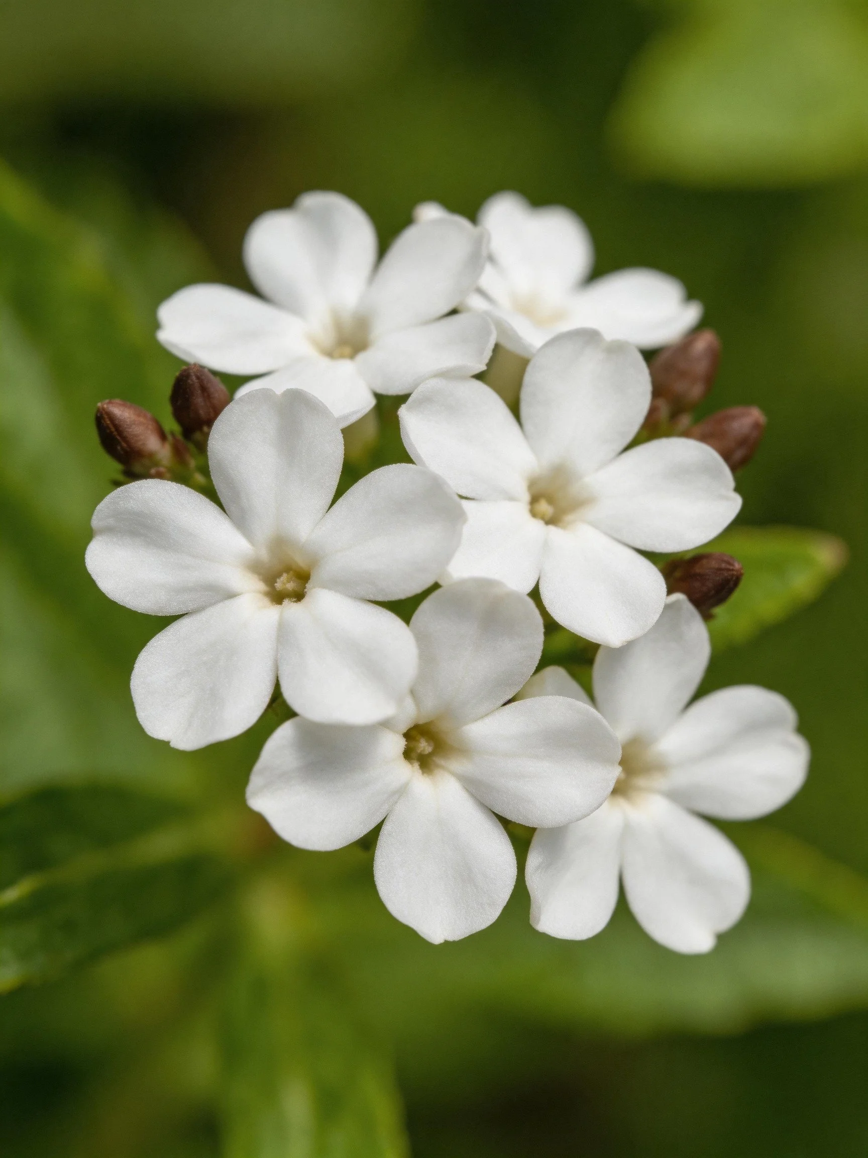 Six white flowers clustered with brown buds and green leaves