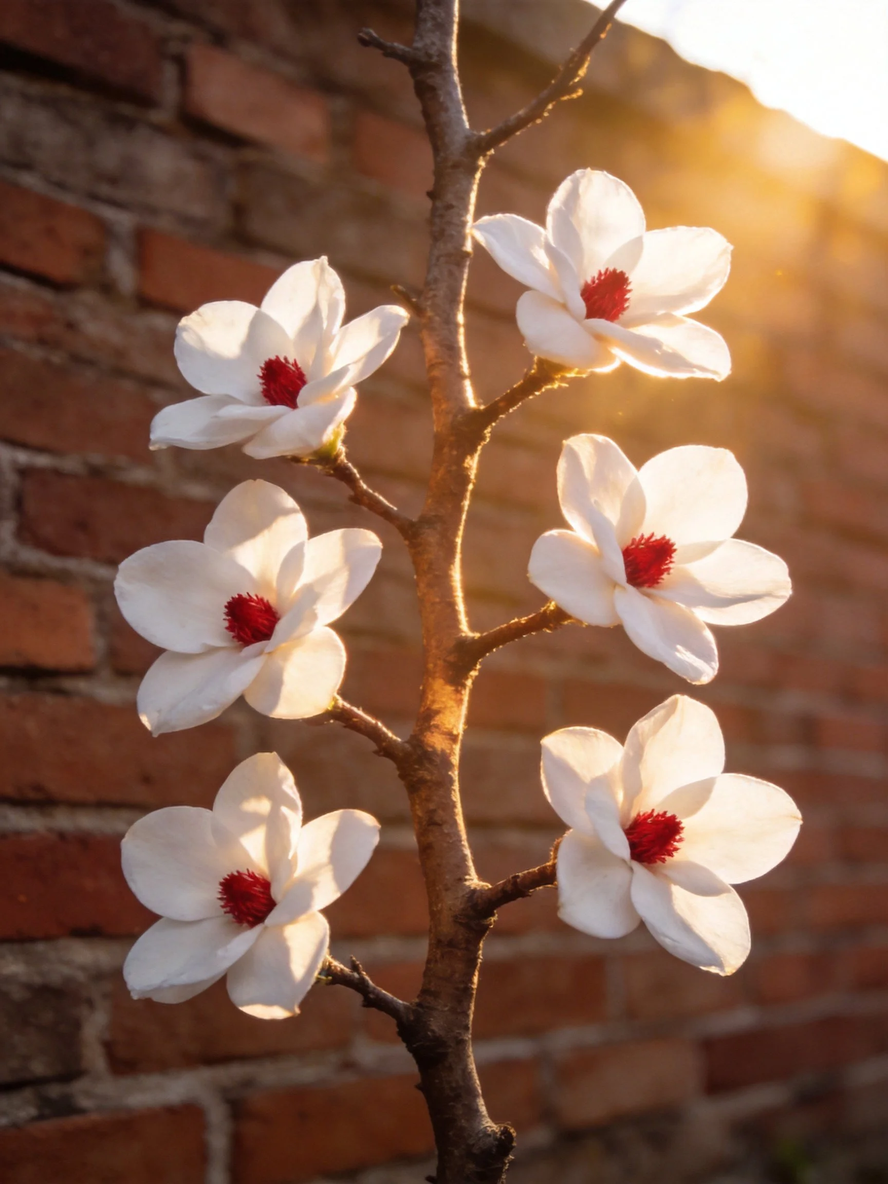 Six white flowers with red centers on a branch against a brick wall