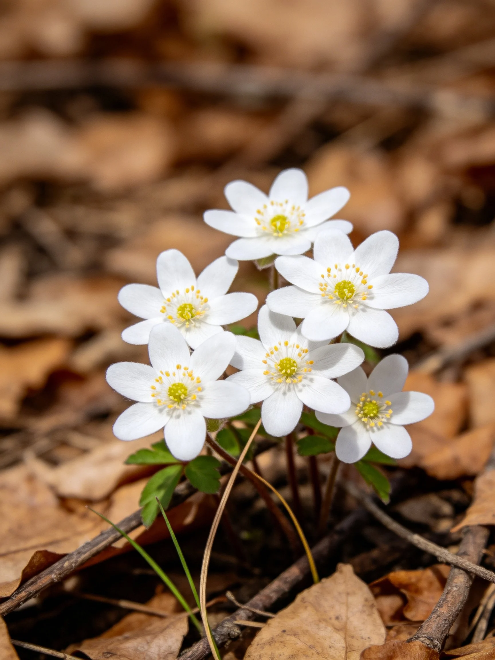Six white flowers with yellow centers among brown fallen leaves