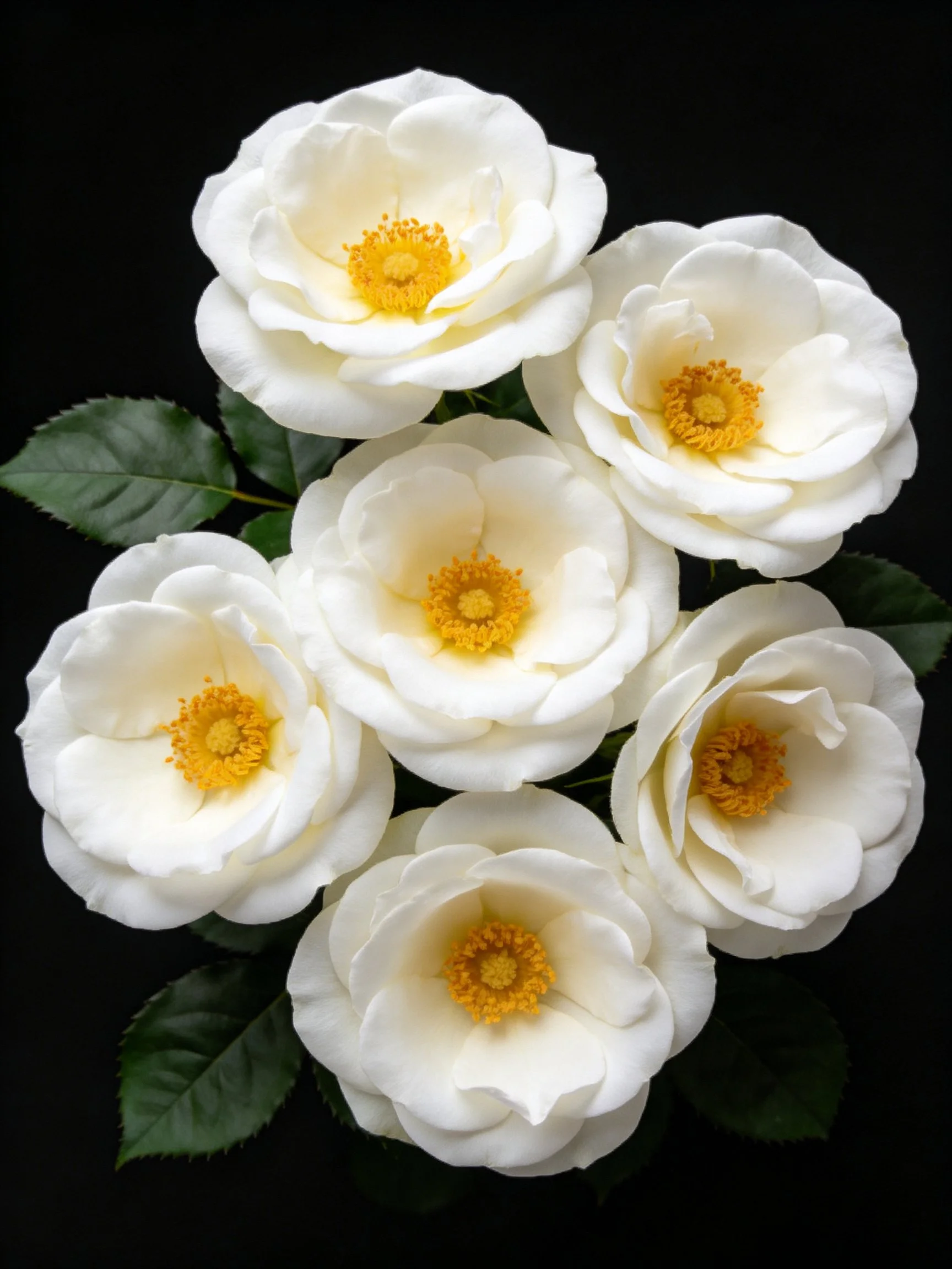 Six white flowers with yellow centers and dark green leaves