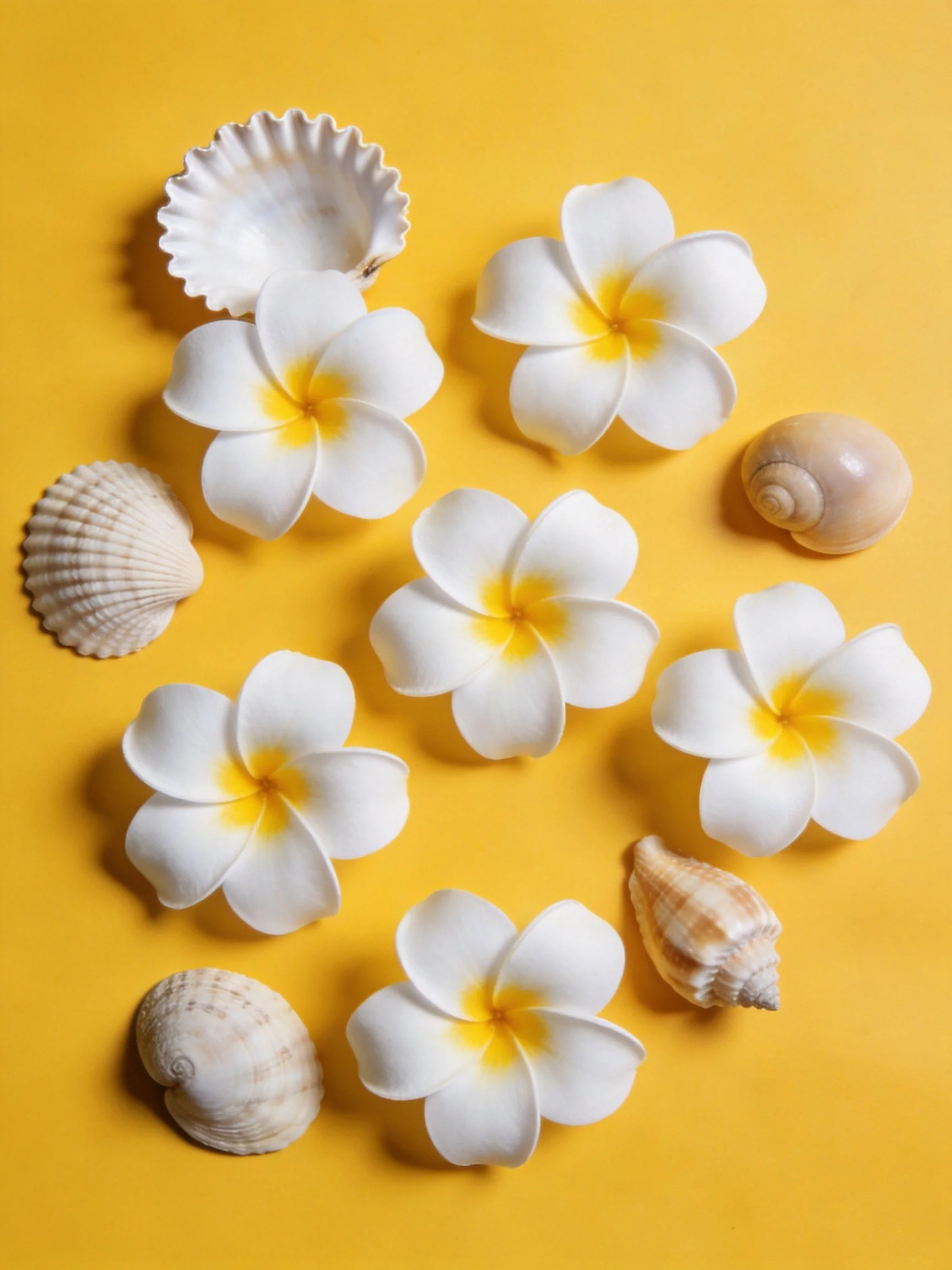 Six white frangipani flowers and five assorted seashells on a bright yellow surface