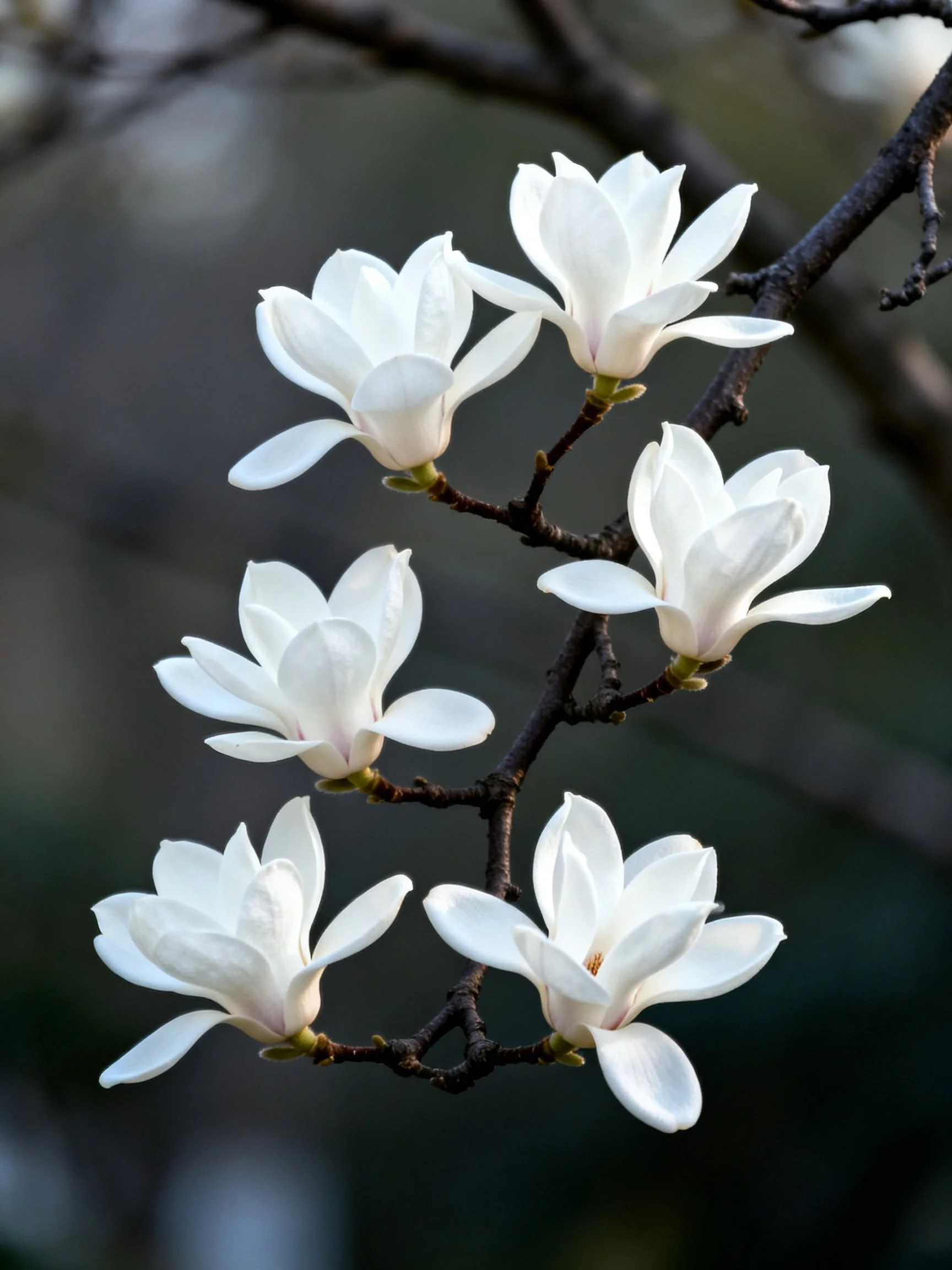 Six white magnolias bloom on dark branches with soft bokeh background