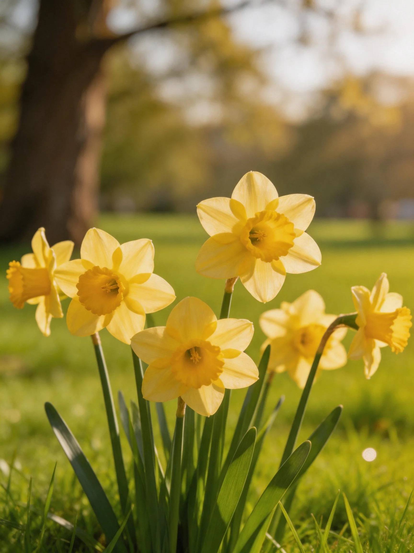 Six yellow daffodils bloom among green grass near a large tree