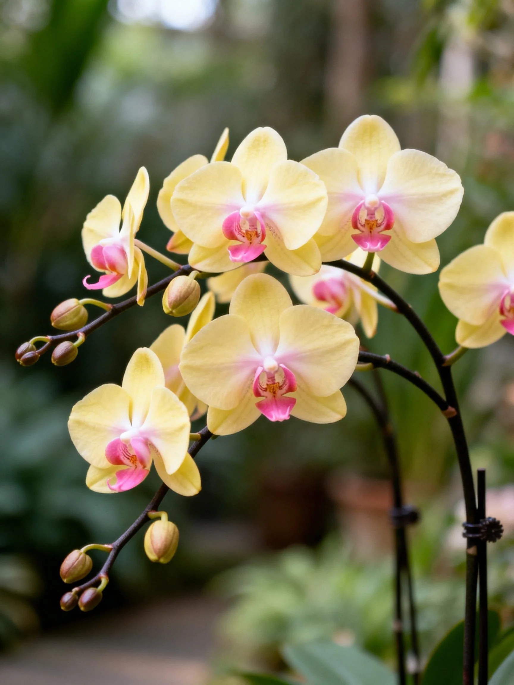 Six yellow orchid blooms with pink centers, dark curved stems