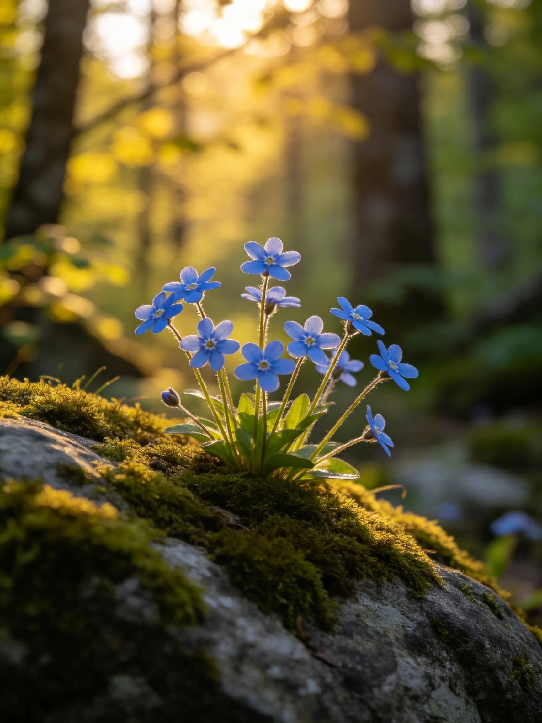 Small blue flowers bloom atop a moss-covered rock in a sunlit forest