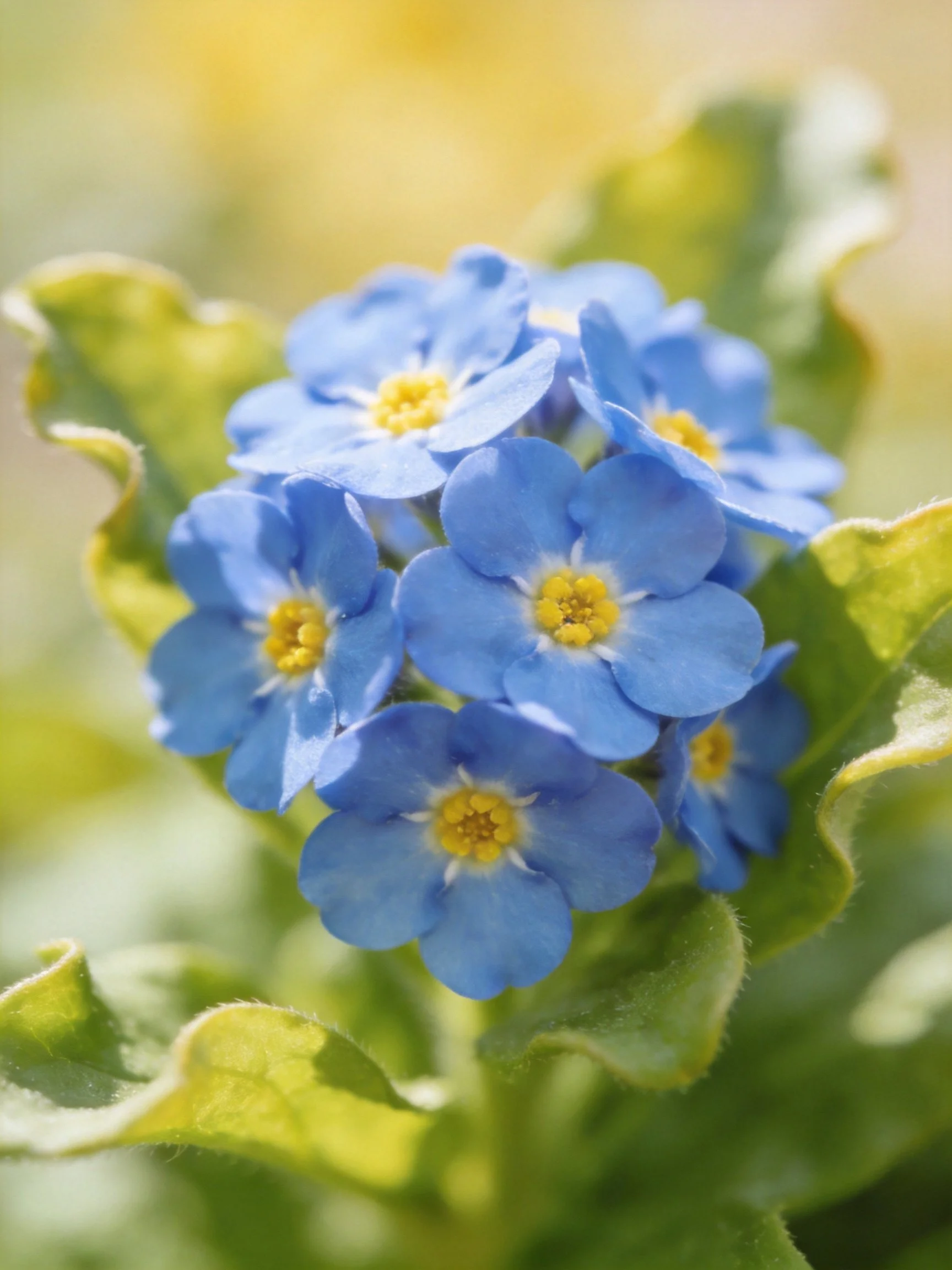 Small blue flowers clustered with yellow centers amid green foliage