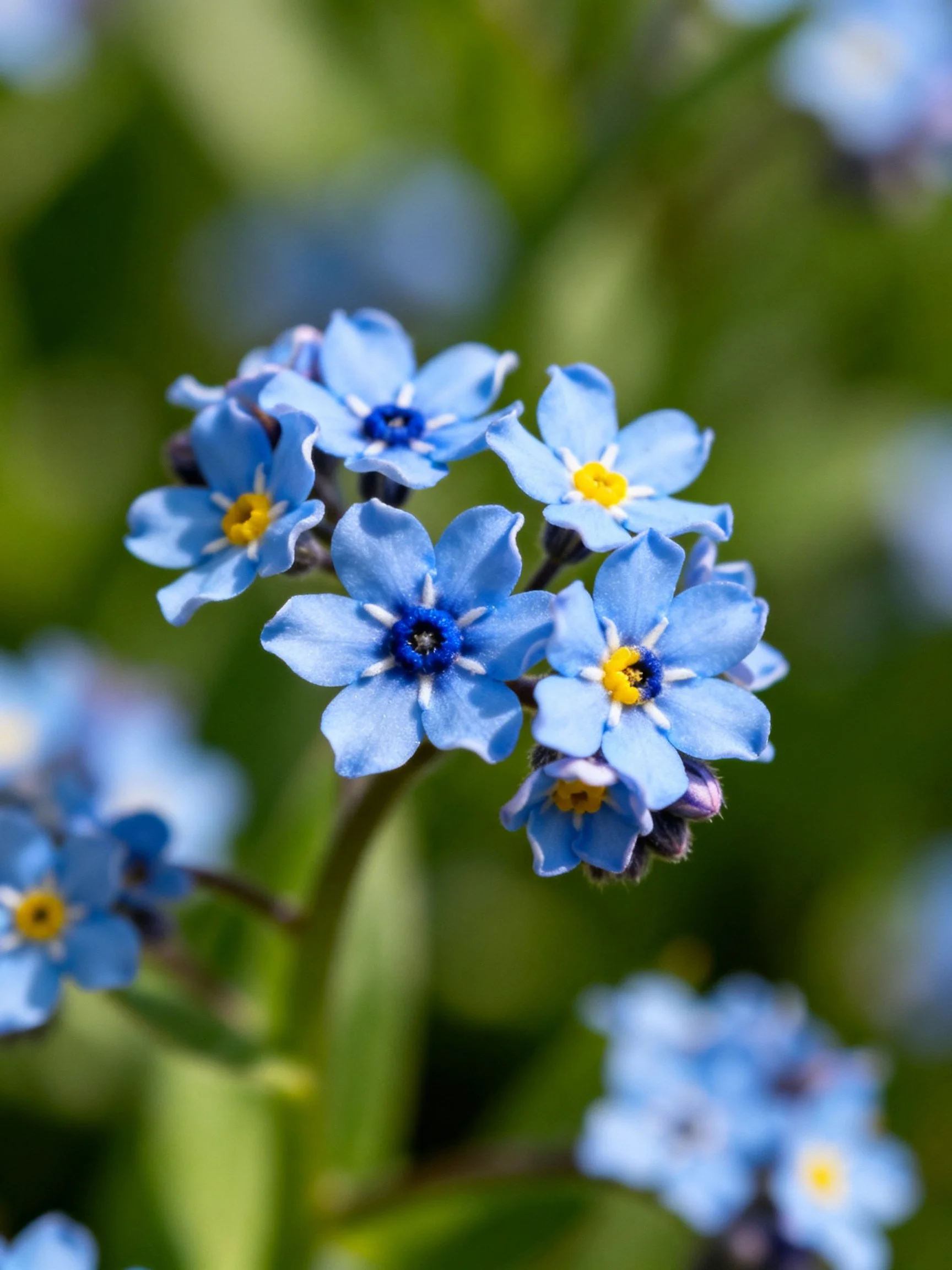 Small blue forget-me-not flowers clustered amidsoft green foliage