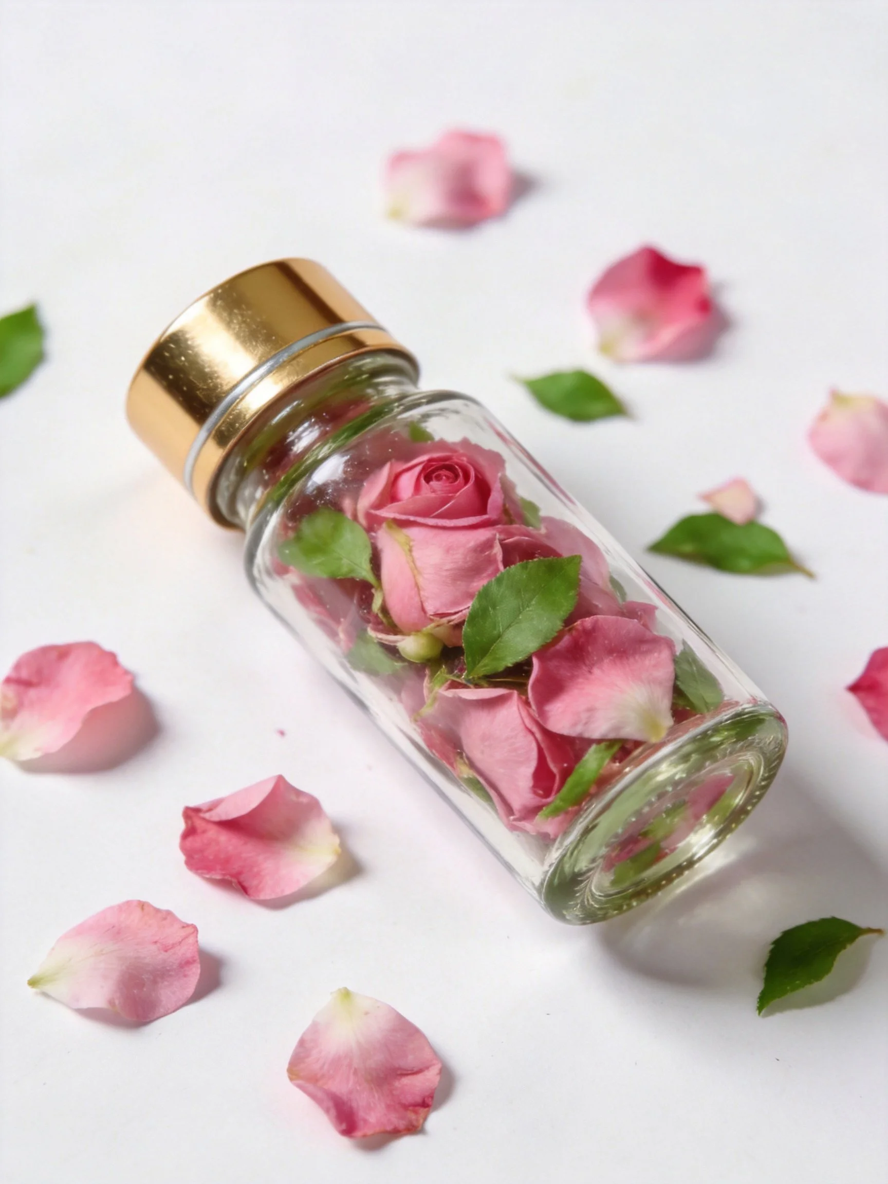 Small glass bottle with pink roses and petals on white