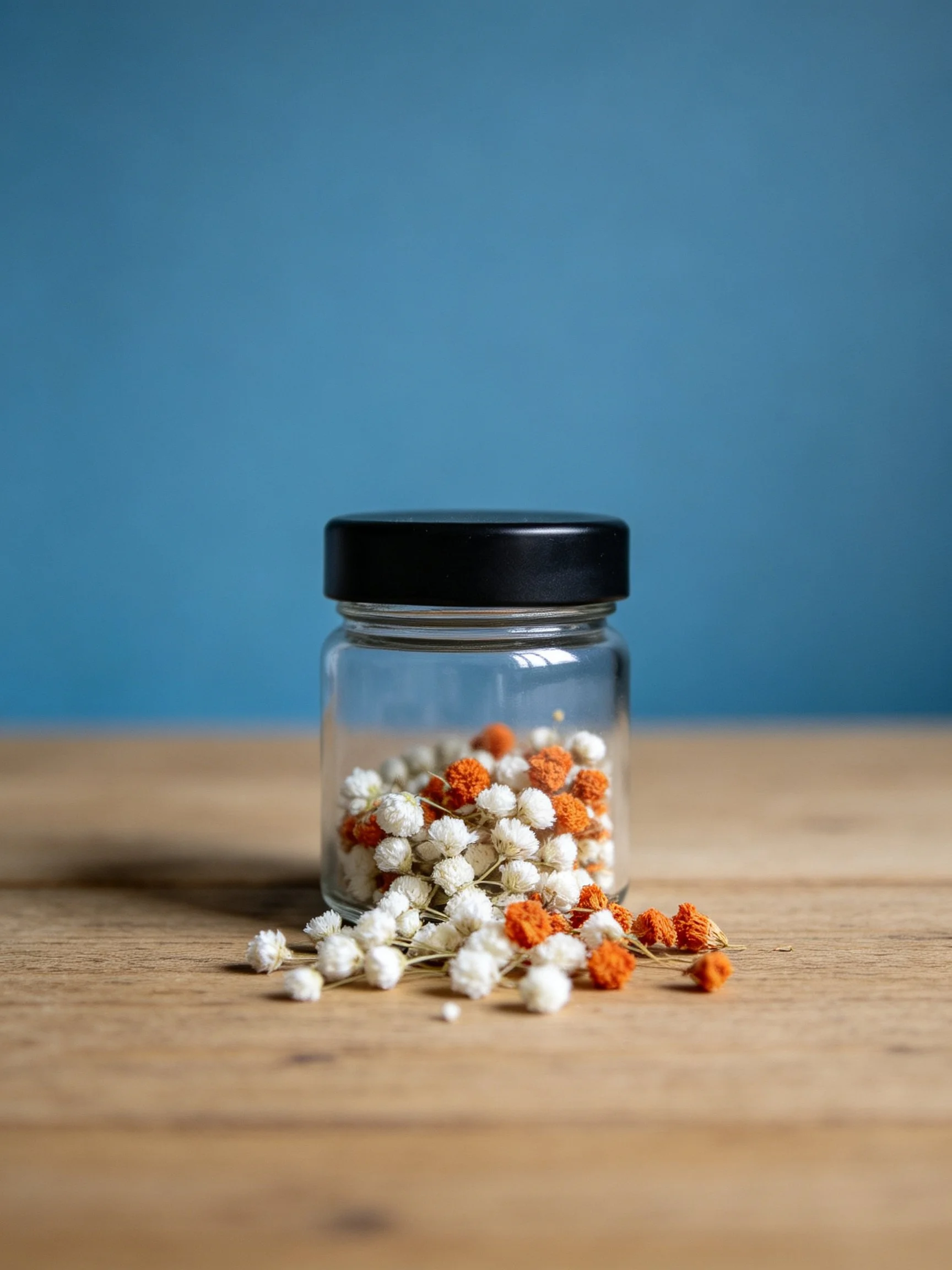 Small glass jar with black lid holds white and orange dried flowers on wooden surface