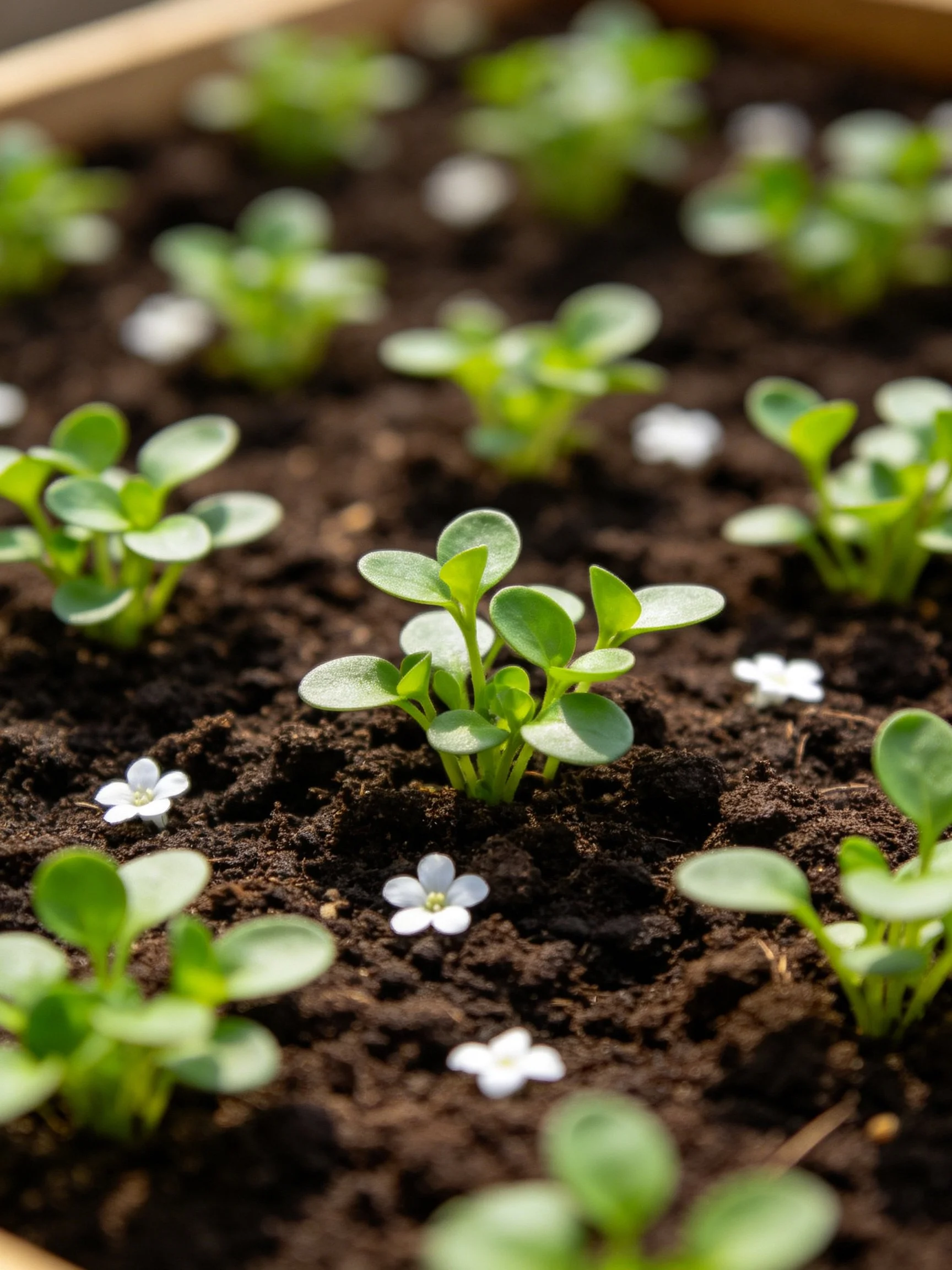 Small green seedlings with white blooms growing in dark, fertile soil