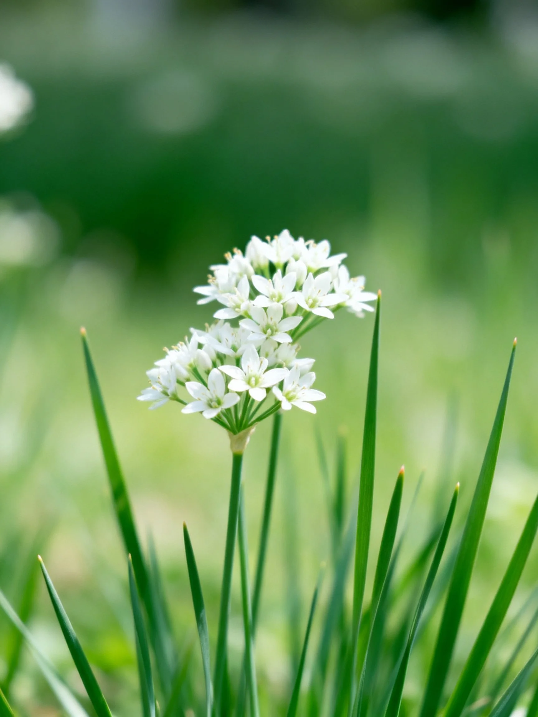 Small white clustered flowers atop slender green stems with blurred green backdrop