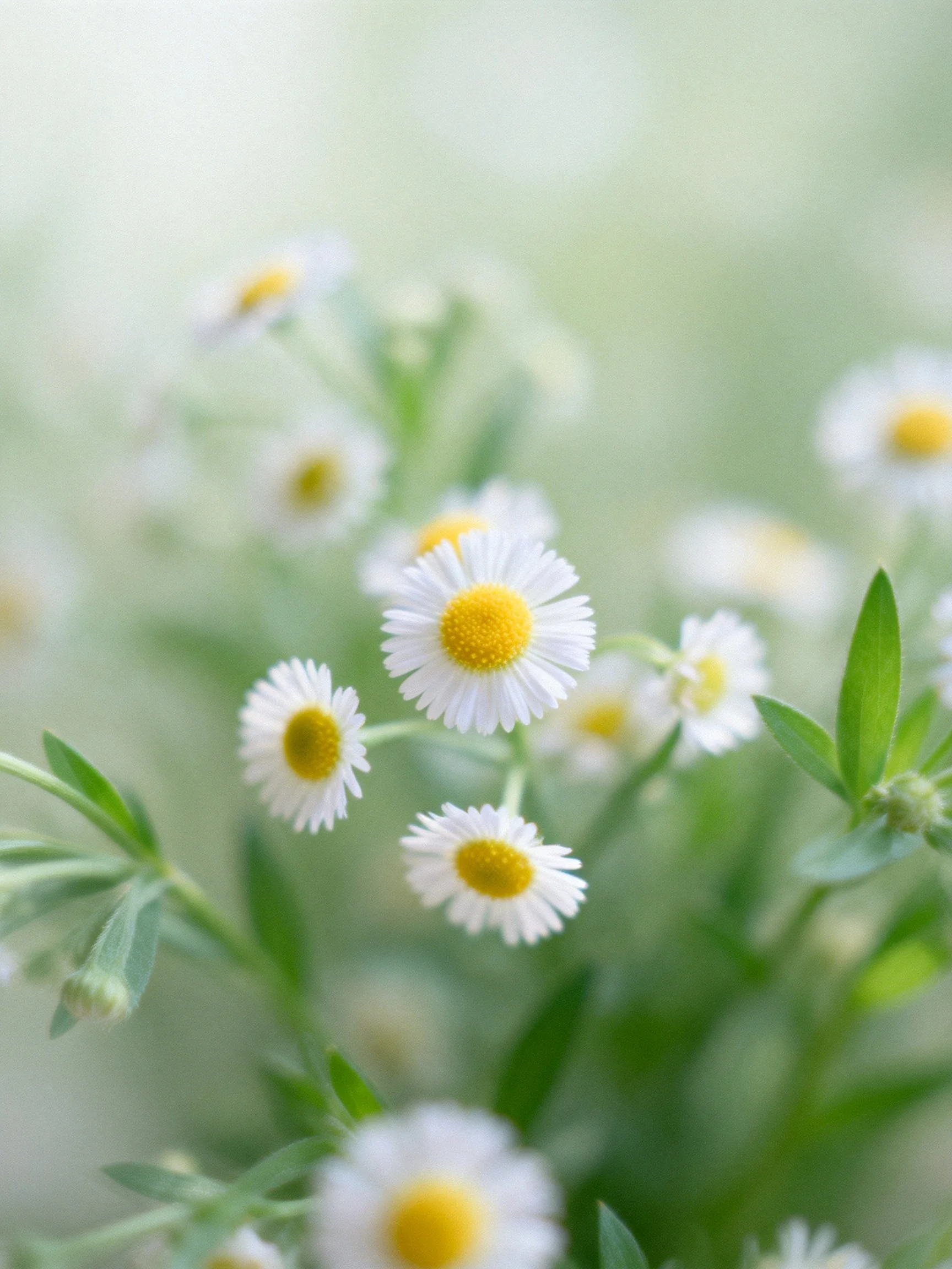 Small white daisies with yellow centers amid green foliage