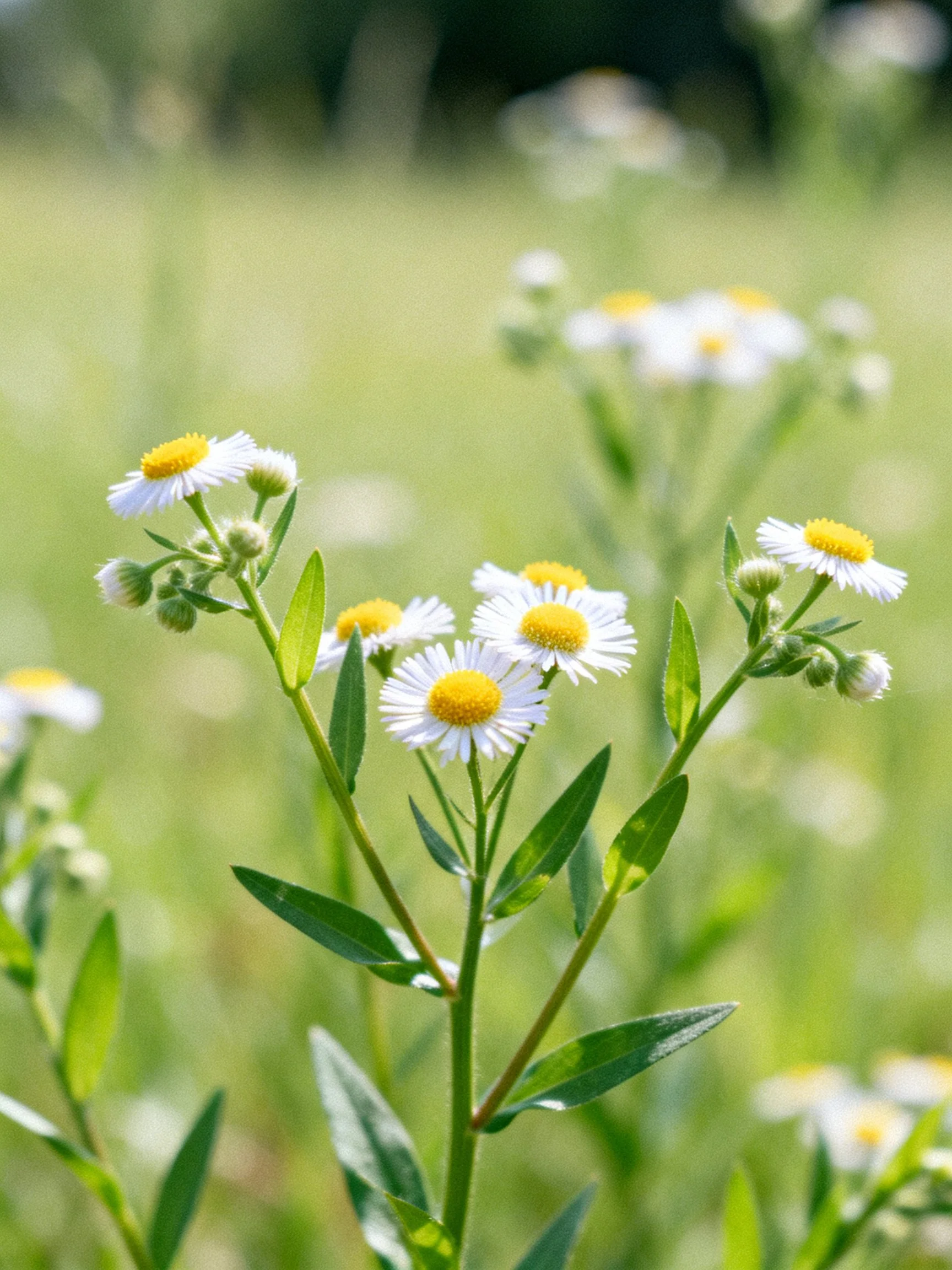 Small white daisies with yellow centers in a green meadow