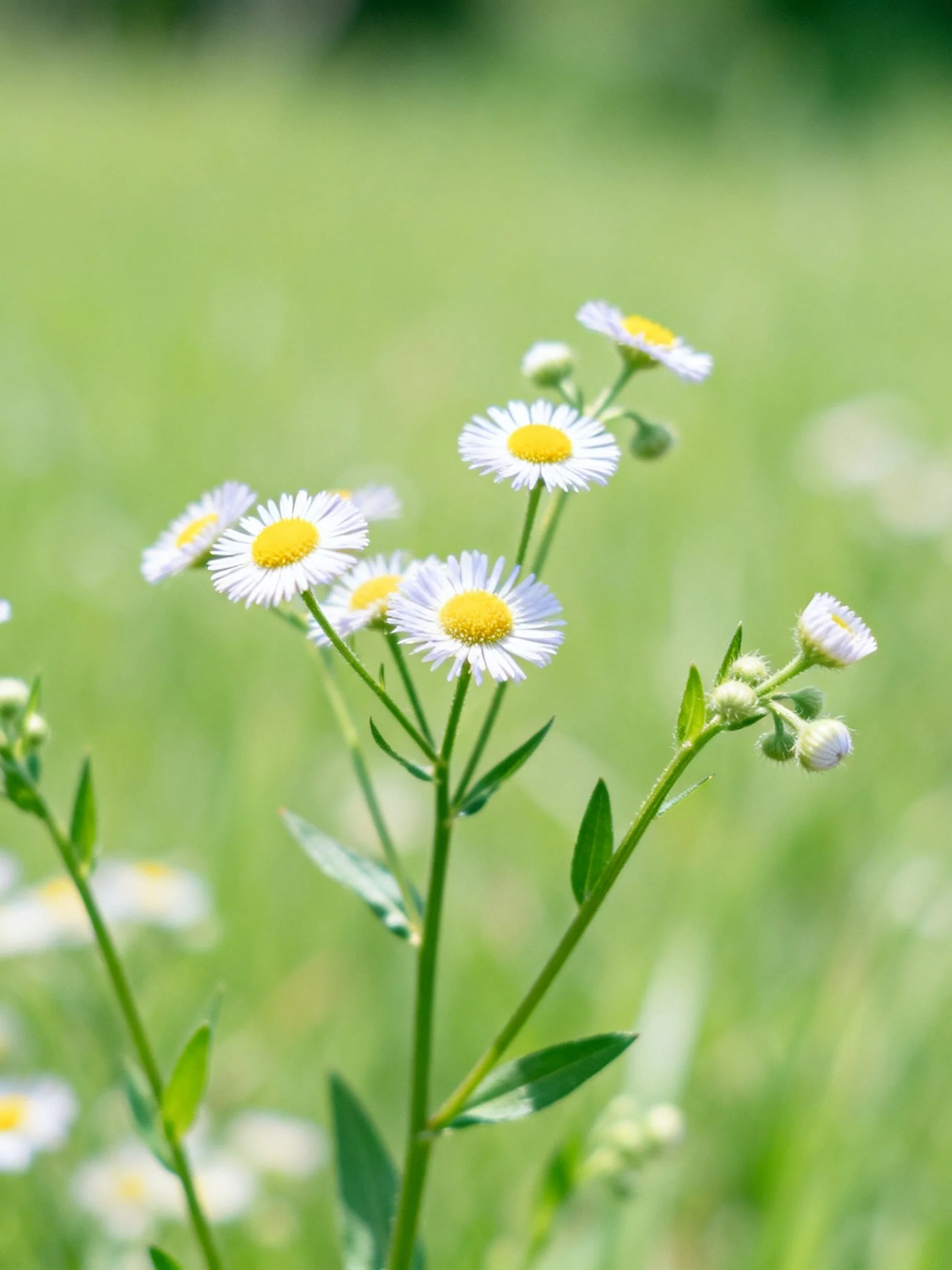 Small white daisies with yellow centers on green stems in a green field