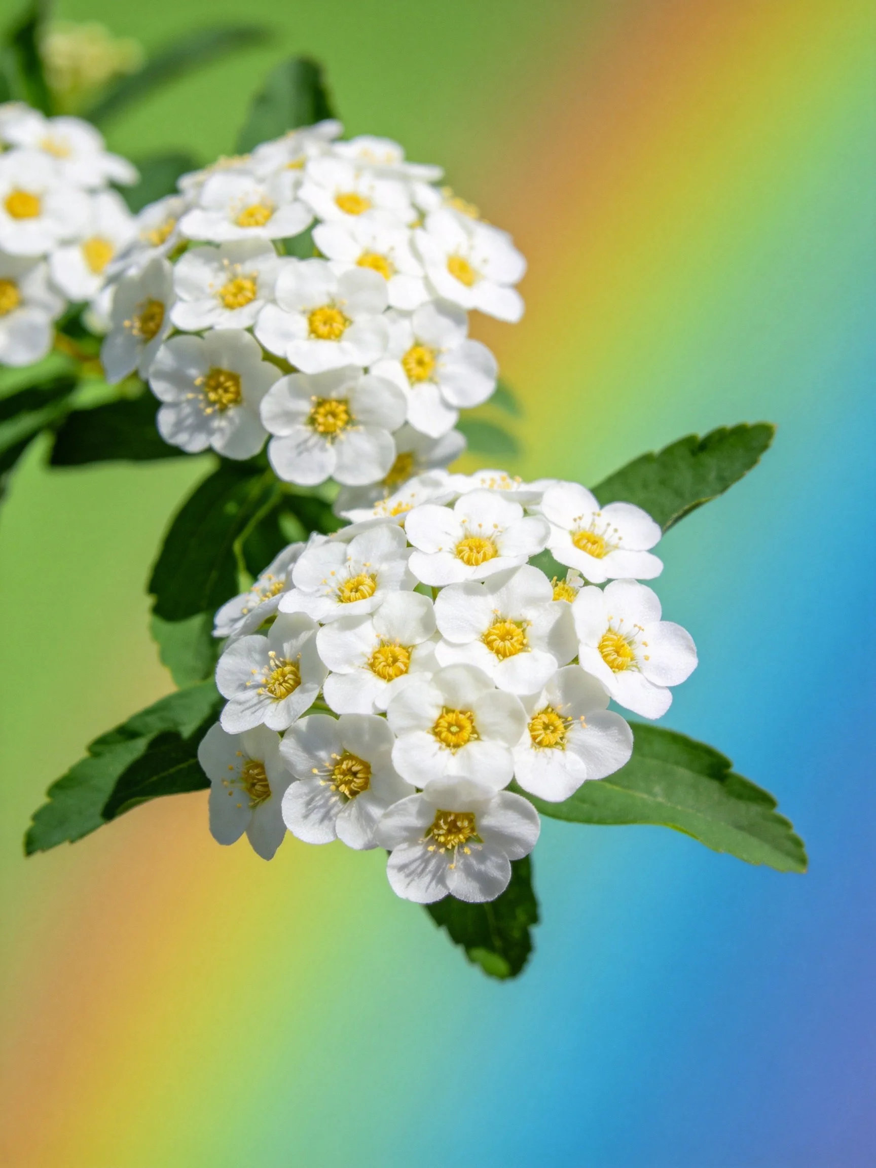 Small white flower clusters with yellow centers, green leaves, and colorful gradient background