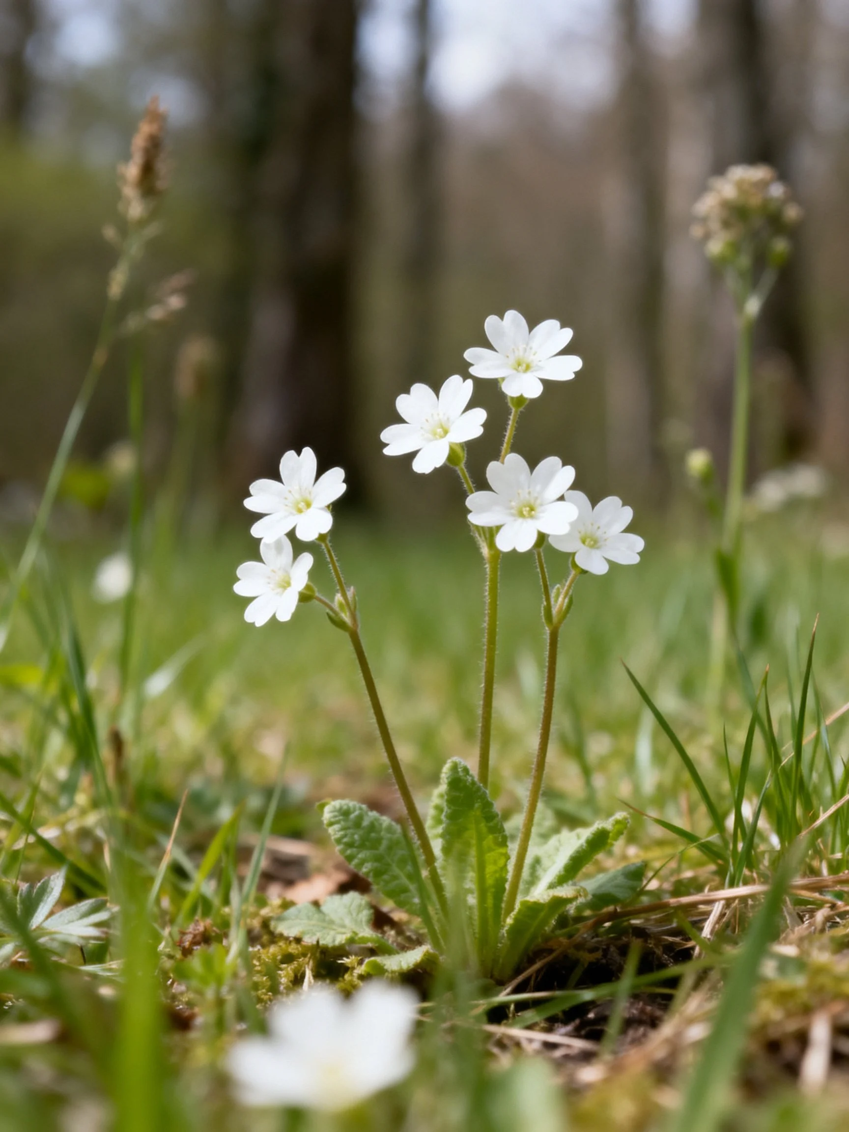 Small white flowers bloom amid lush green grass near a forest.