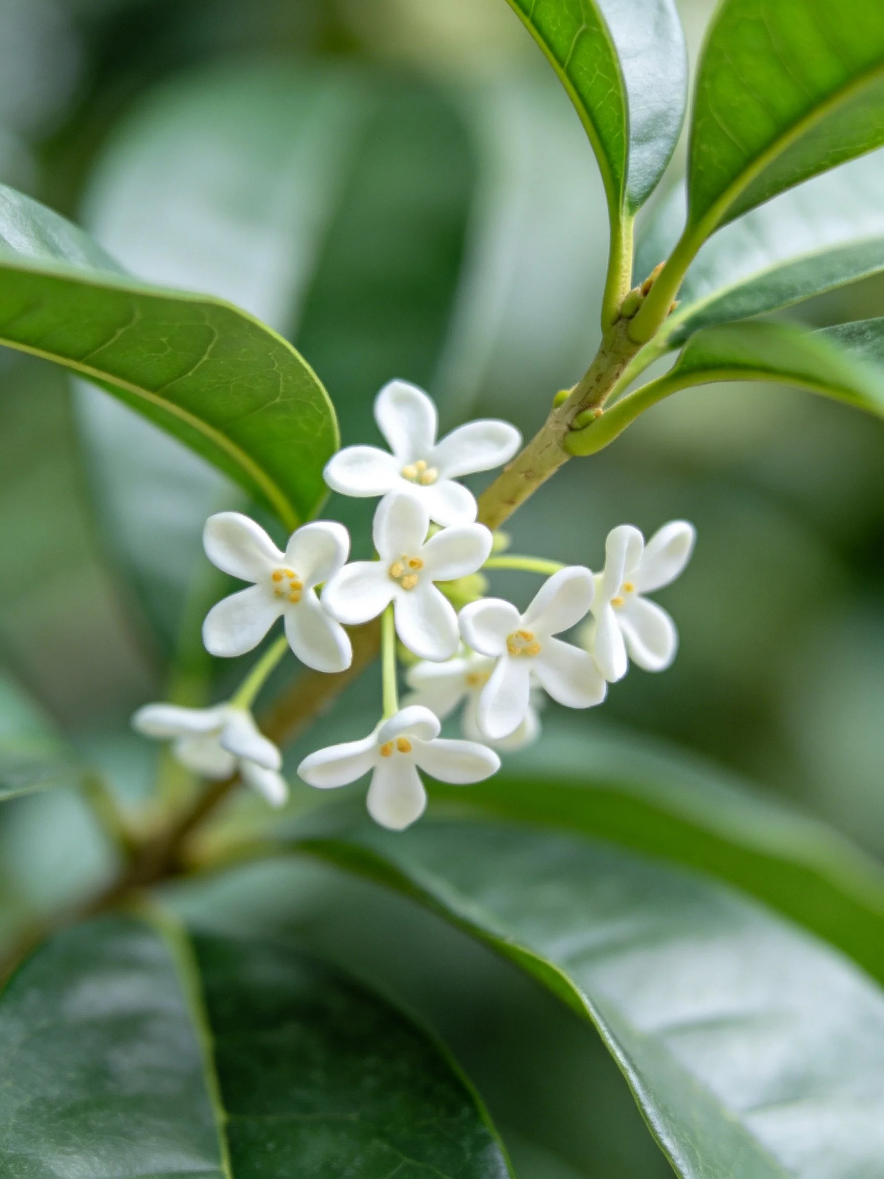 Small white flowers clustered among glossy green leaves