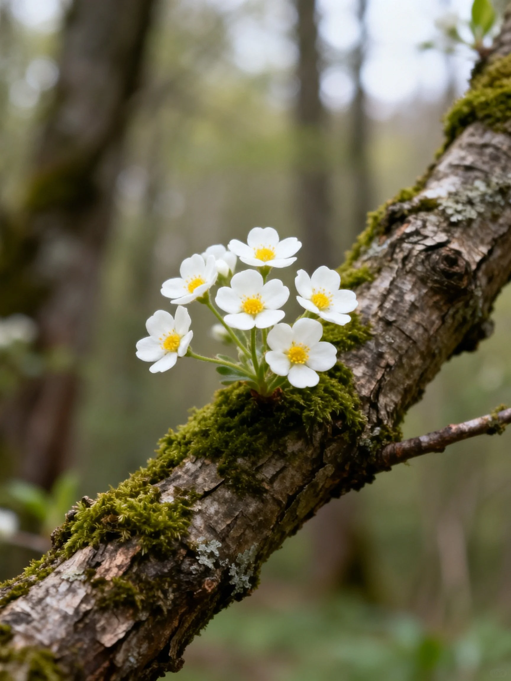 Small white flowers grow on mossy forest branch