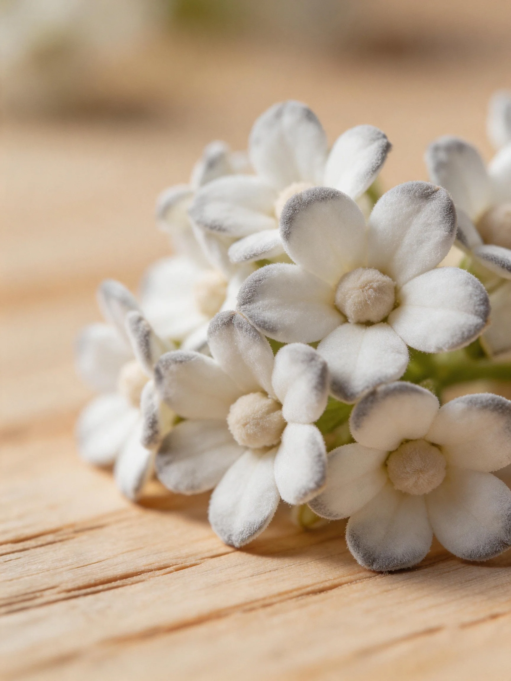 Small white flowers with gray-tipped petals grouped on a wooden surface