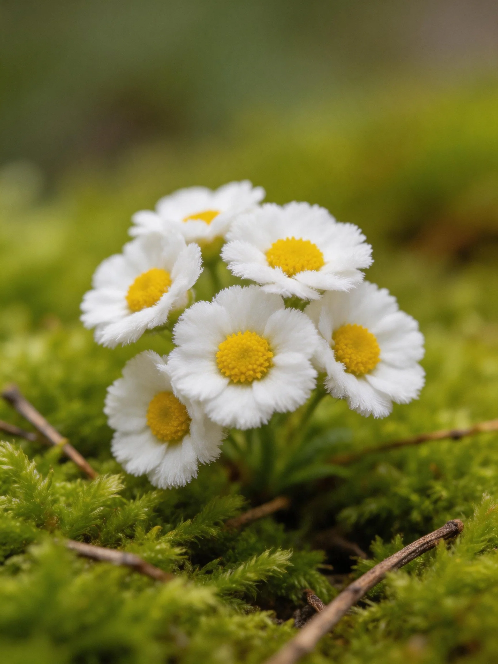 Small white flowers with yellow centers amid lush green moss