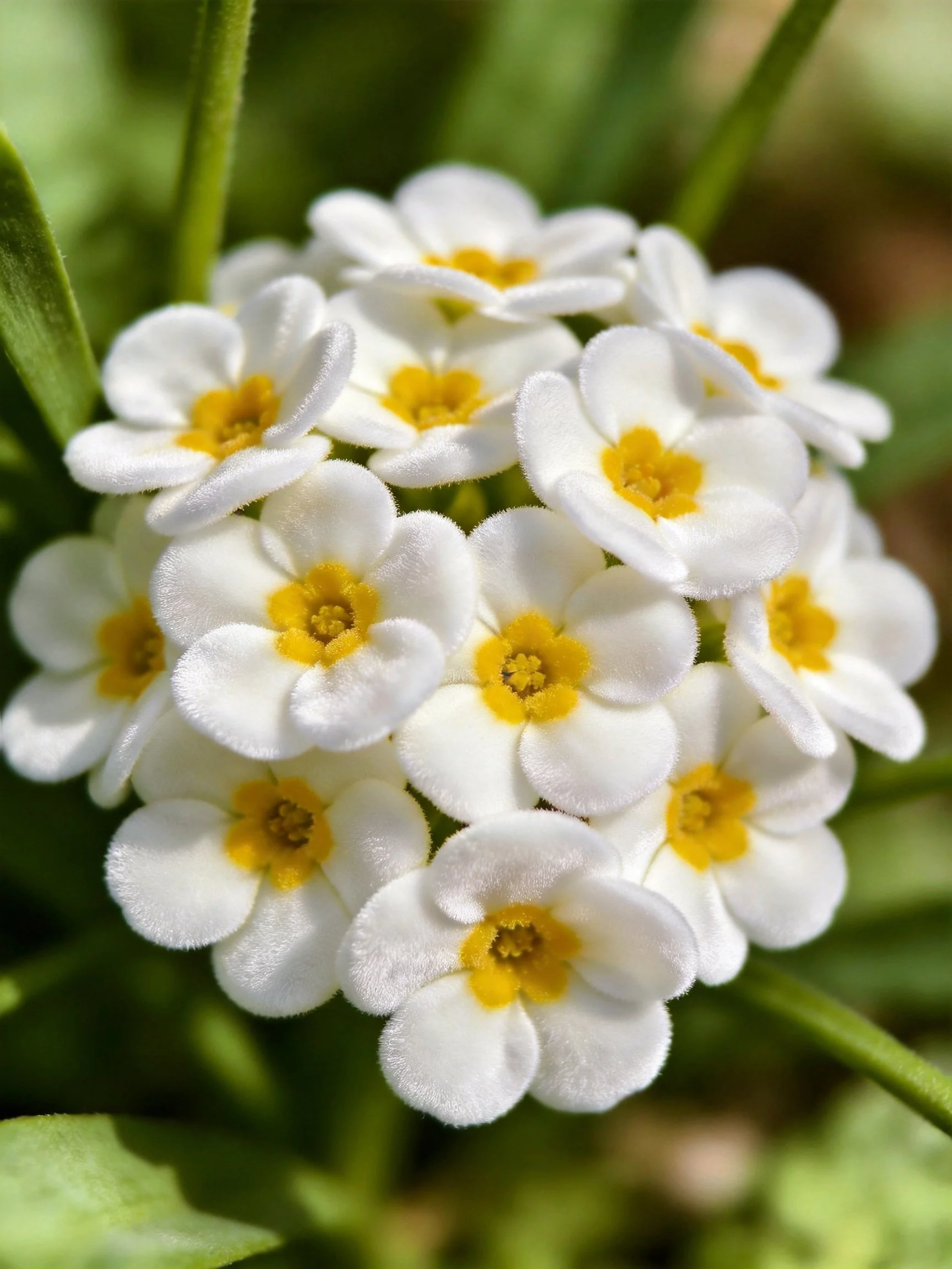Small white flowers with yellow centers clustered among green foliage