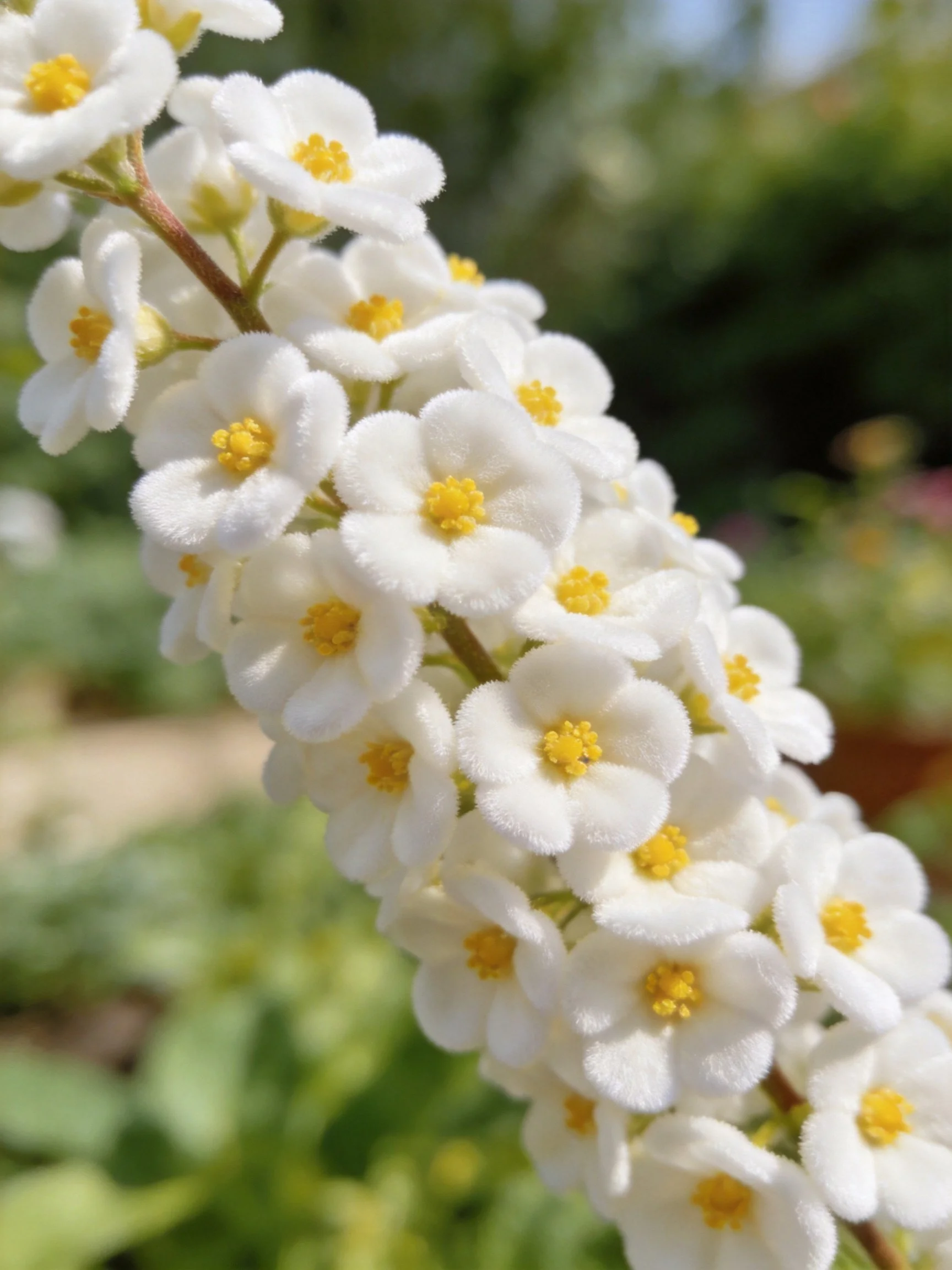 Small white flowers with yellow centers clustered on a brown stem