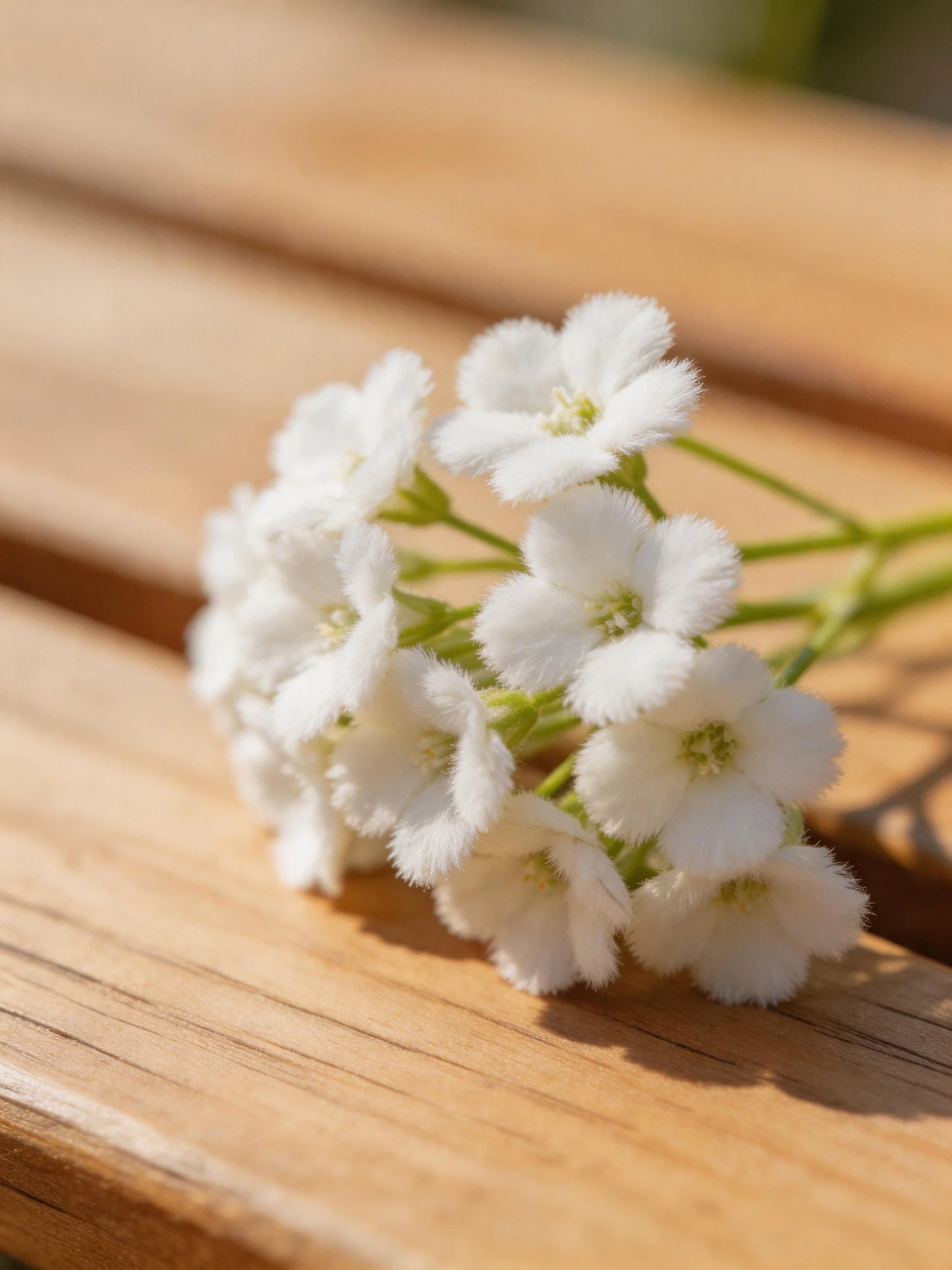 Small white fuzzy flowers clustered on a wooden slatted surface