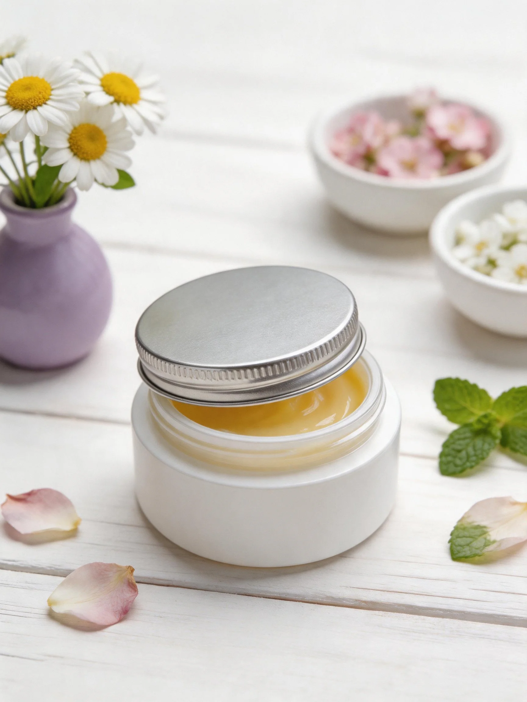 Small white jar of cream beside daisies and flower bowls