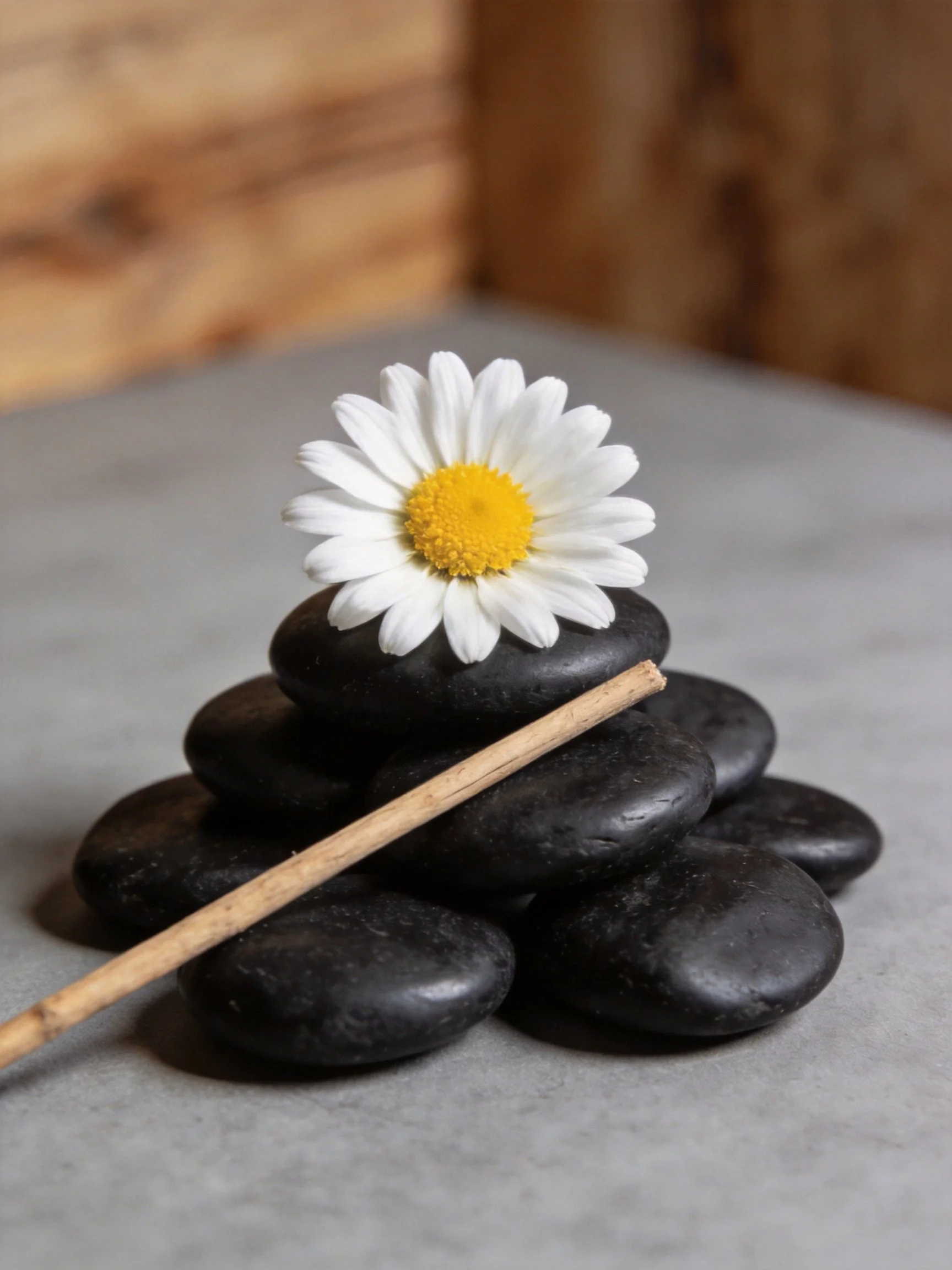 Smooth black stones stacked with a white daisy and wooden stick