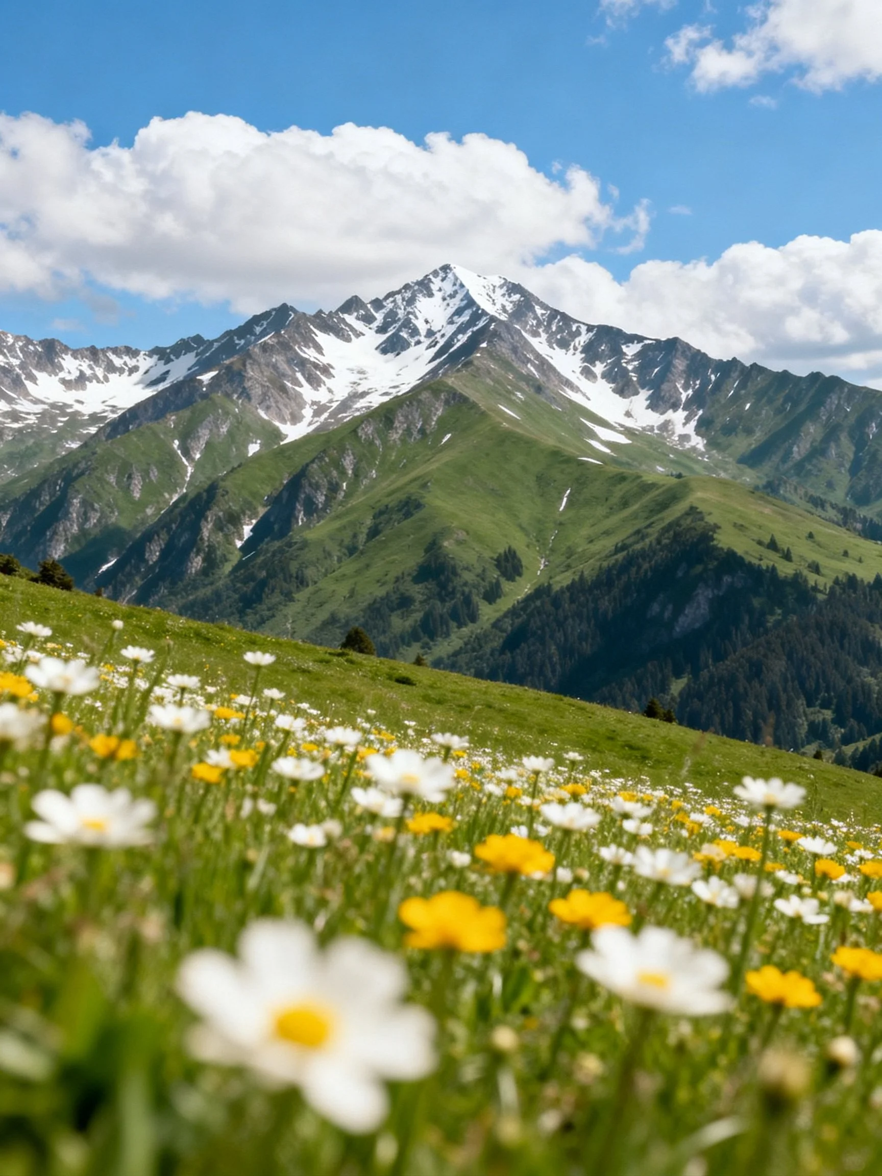 Snow-capped mountains above a colorful flower meadow