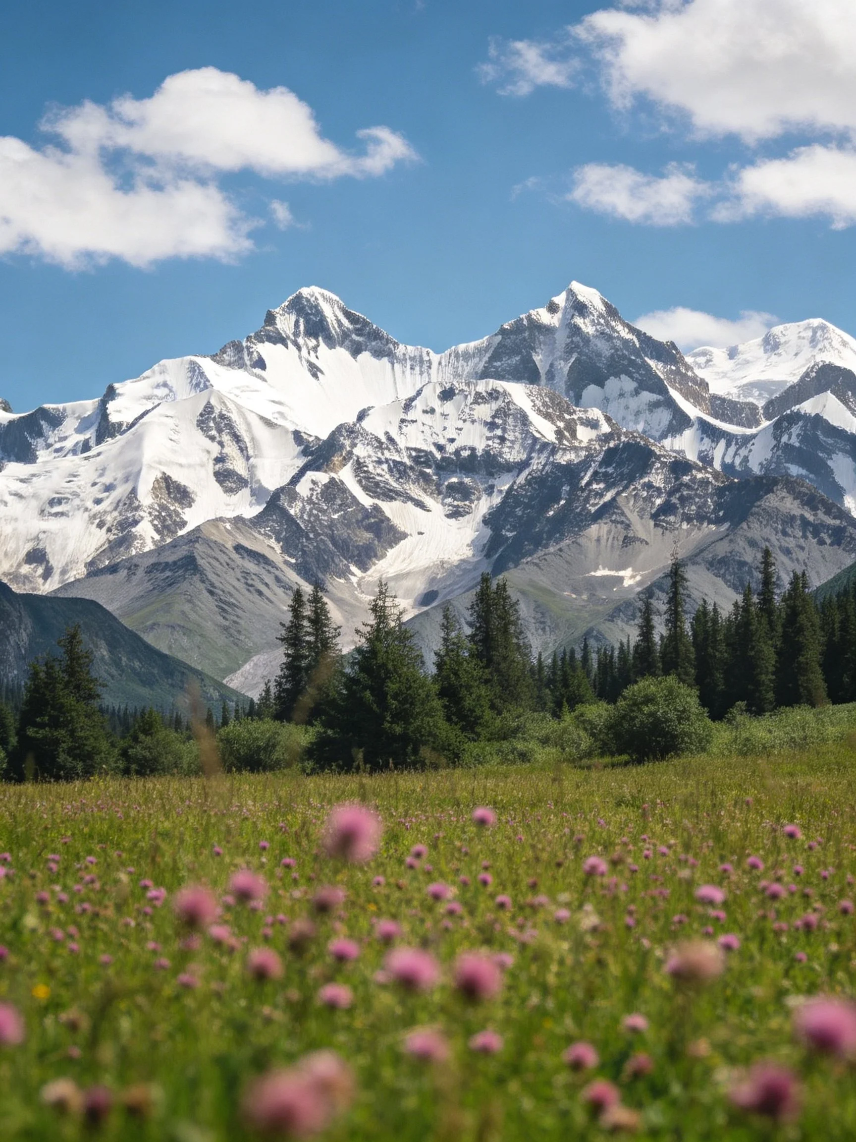 Snow-capped peaks overlook a vibrant meadow and pine forest
