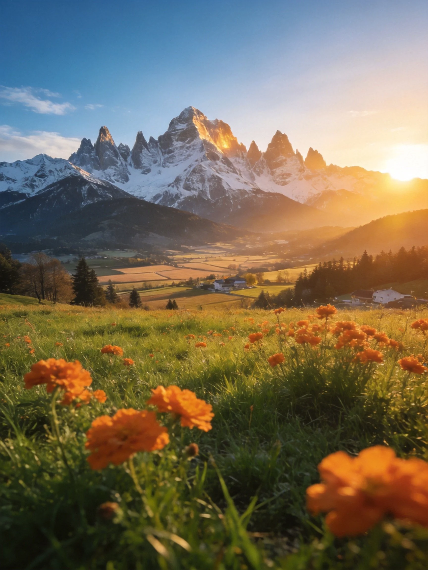 Snow-capped peaks rise above golden fields and orange wildflower meadows at sunset