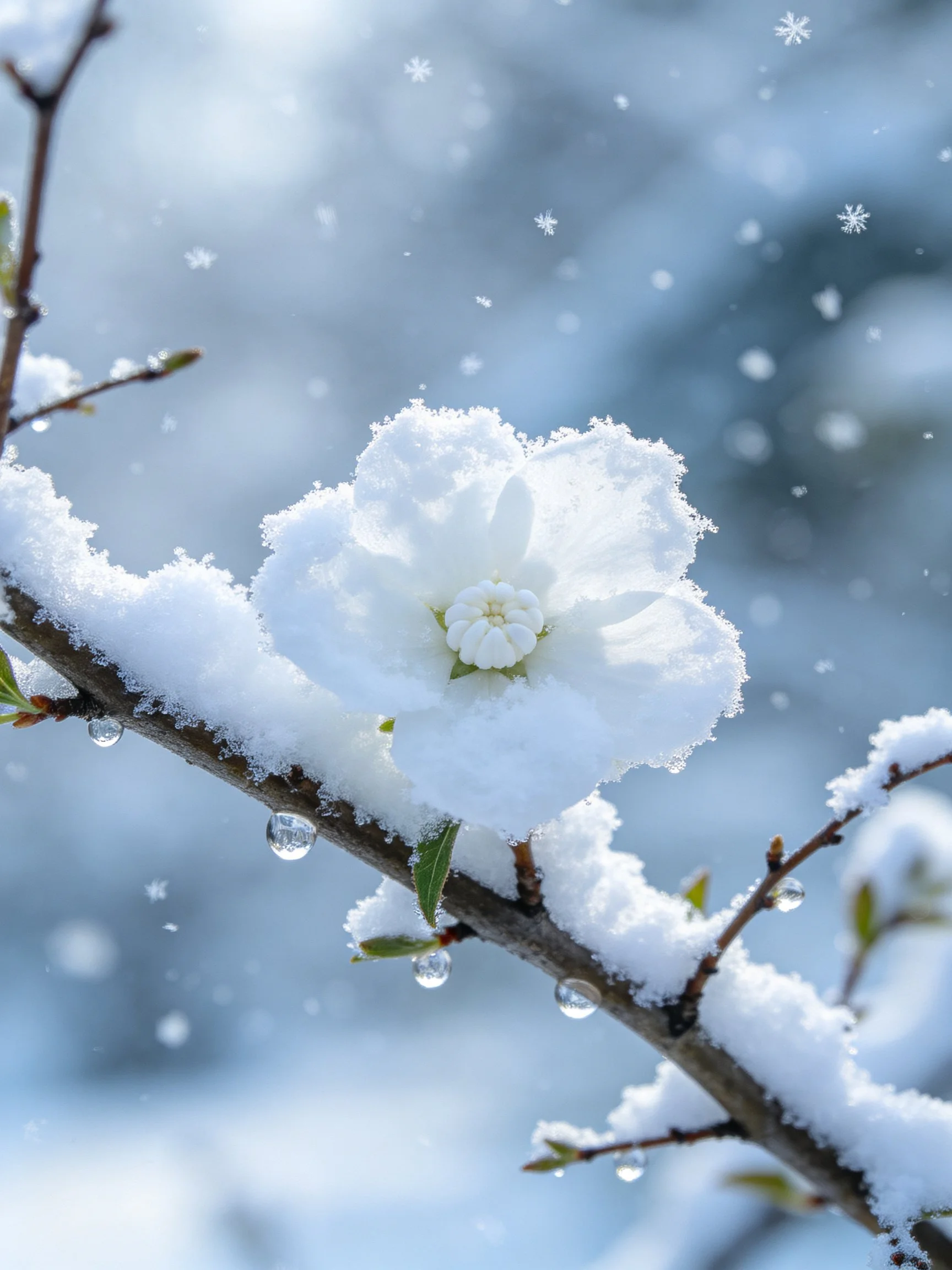 Snow-covered white flower with ice droplets on branches