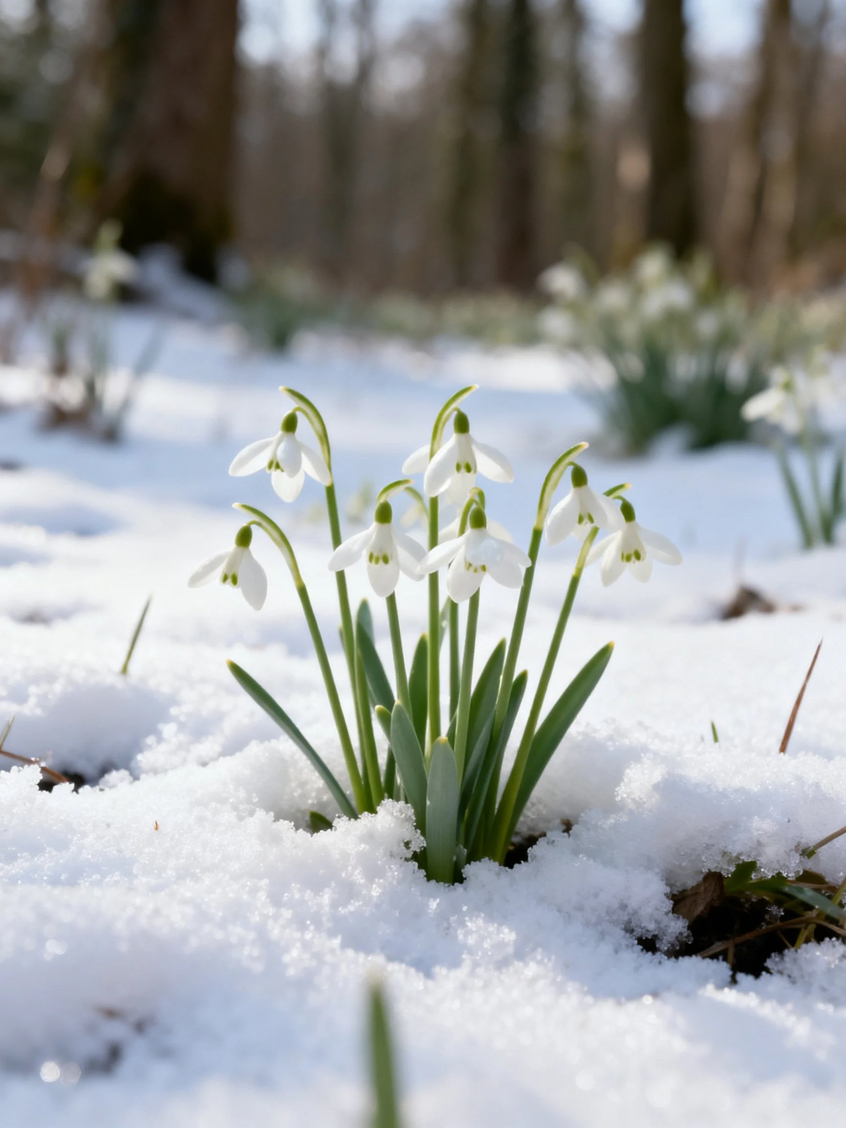 Snowdrops bloom through fresh white snow in a wooded area