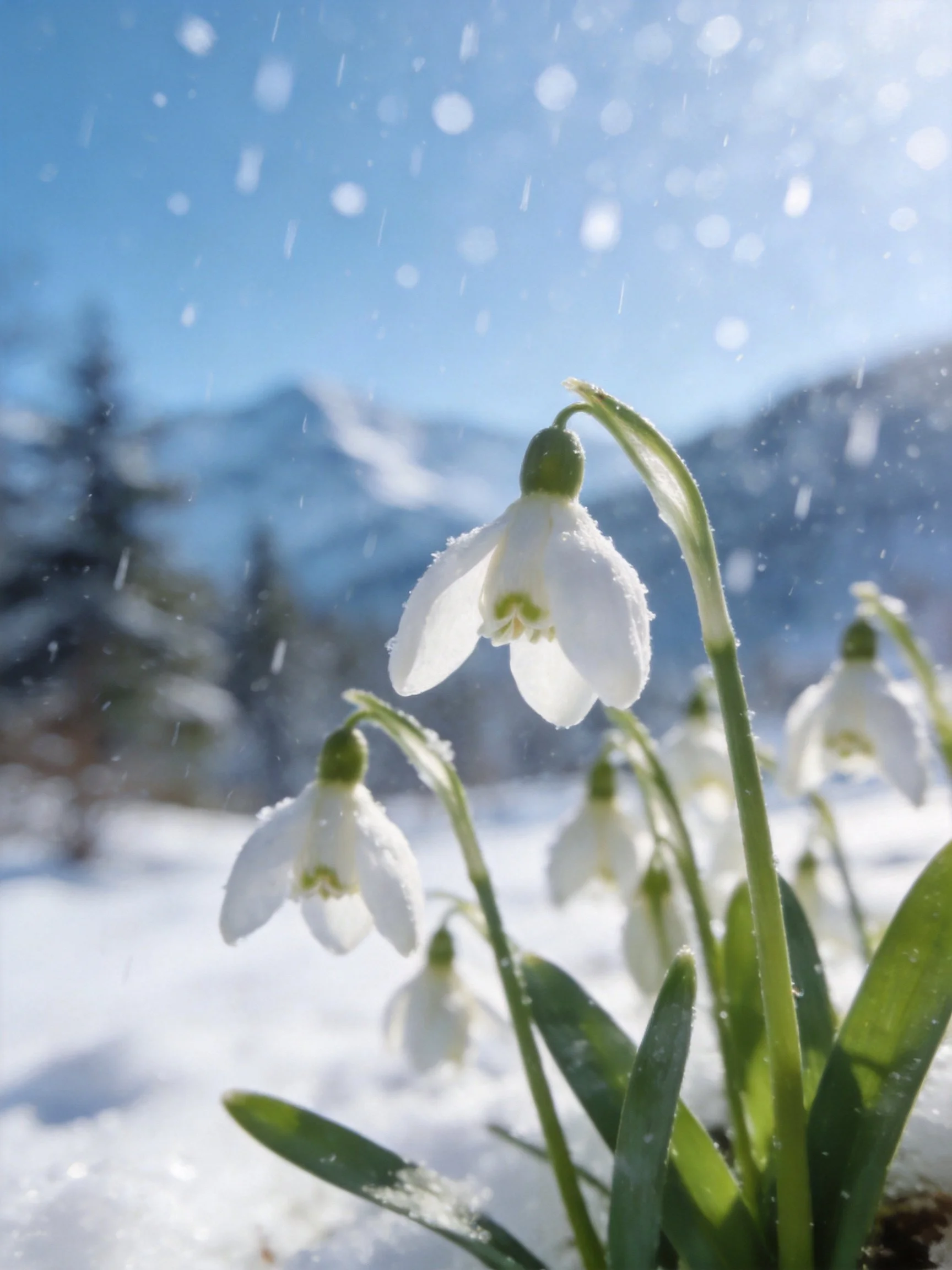 Snowdrops blooming amid falling snow near mountainous terrain