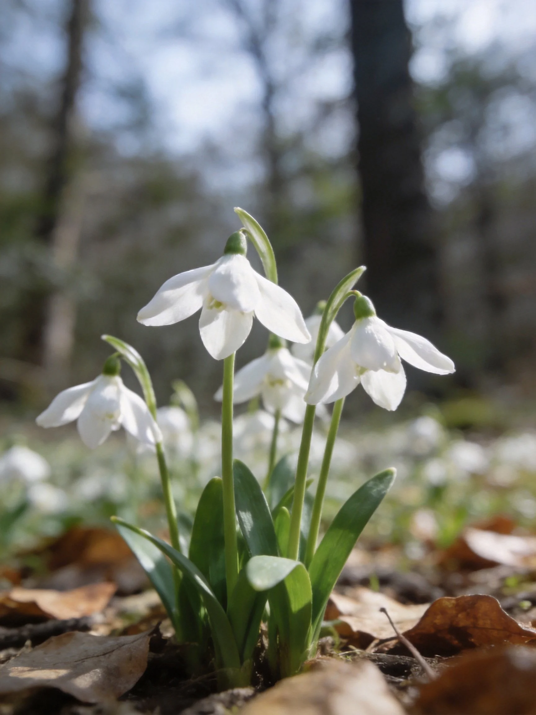 Snowdrops blooming among brown fallen leaves in a sunlit forest