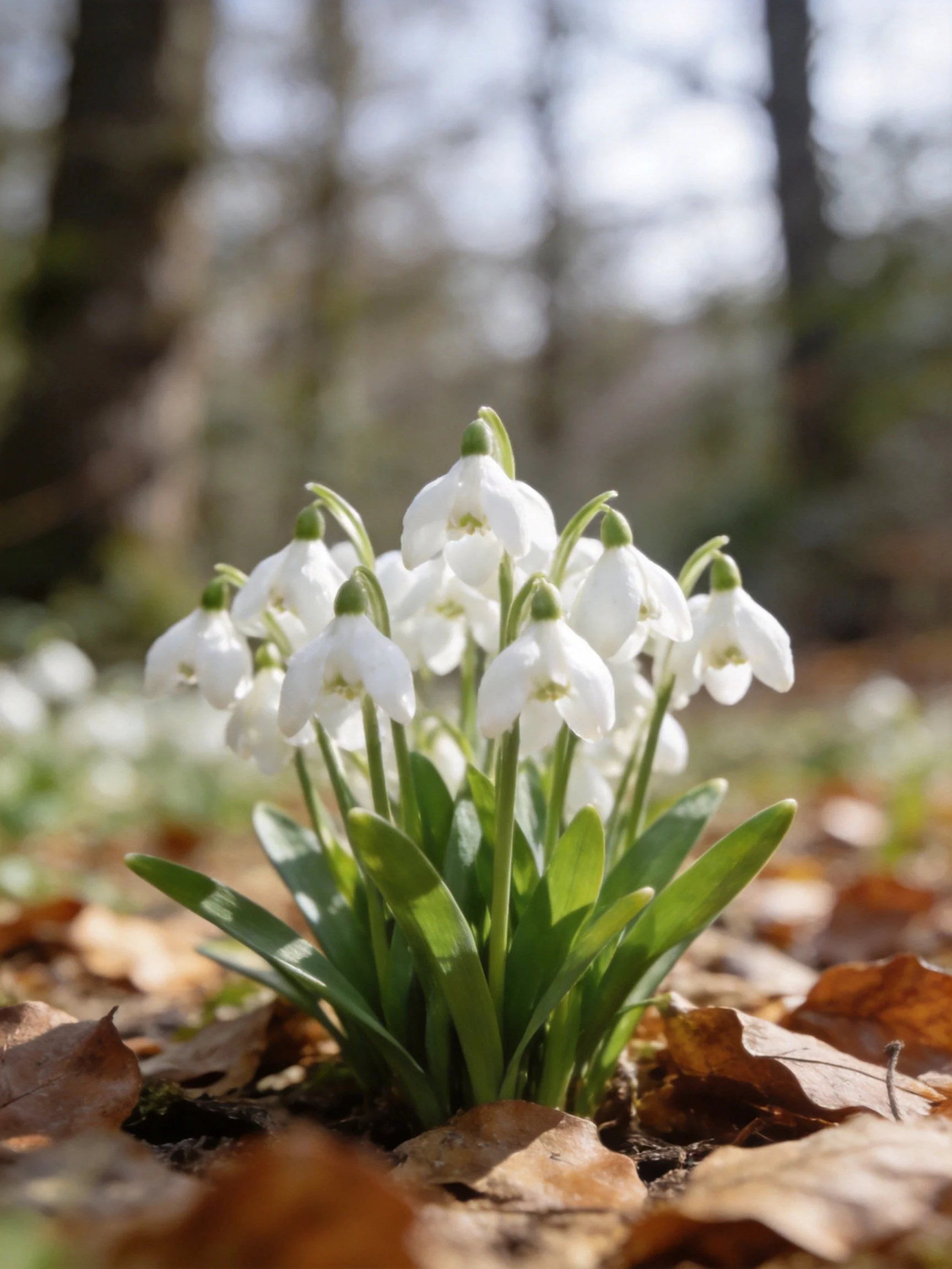 Snowdrops blooming among brown fallen leaves in a sunlit forest