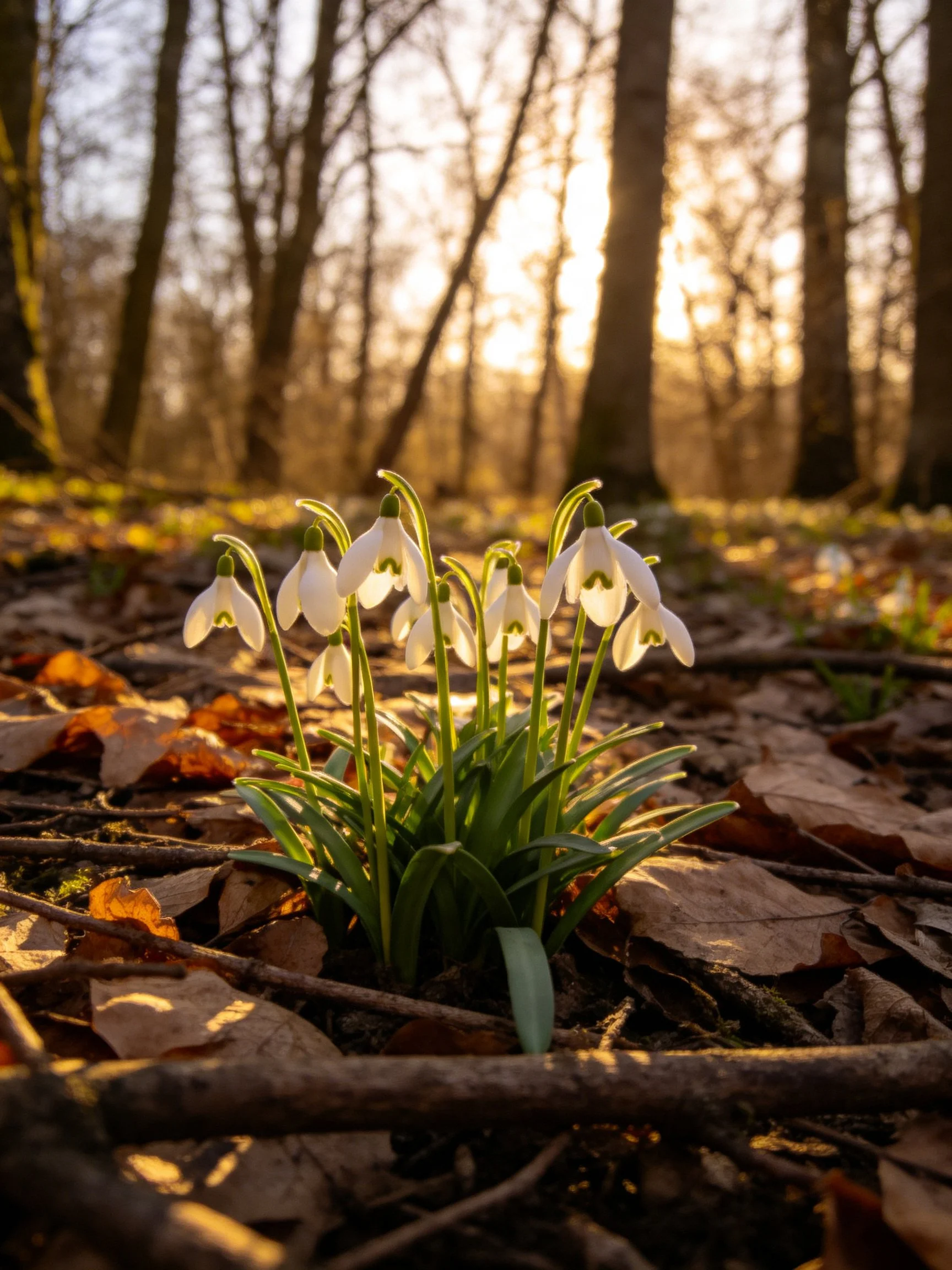 Snowdrops blooming among fallen leaves in sunlit forest