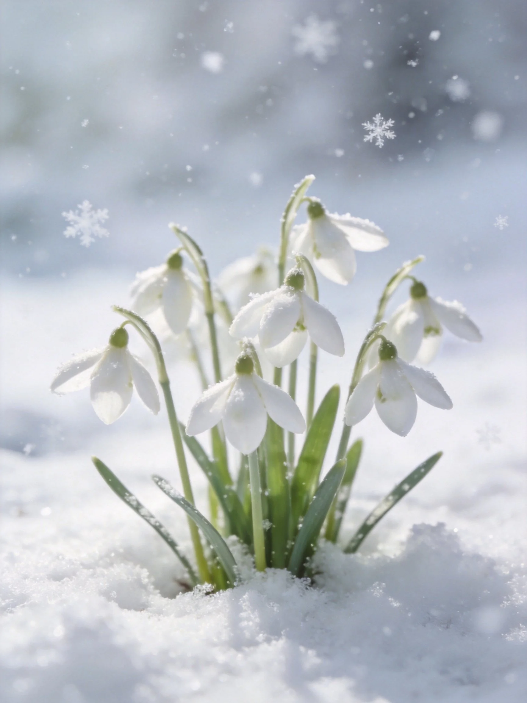 Snowdrops blooming through fresh snow with falling snowflakes