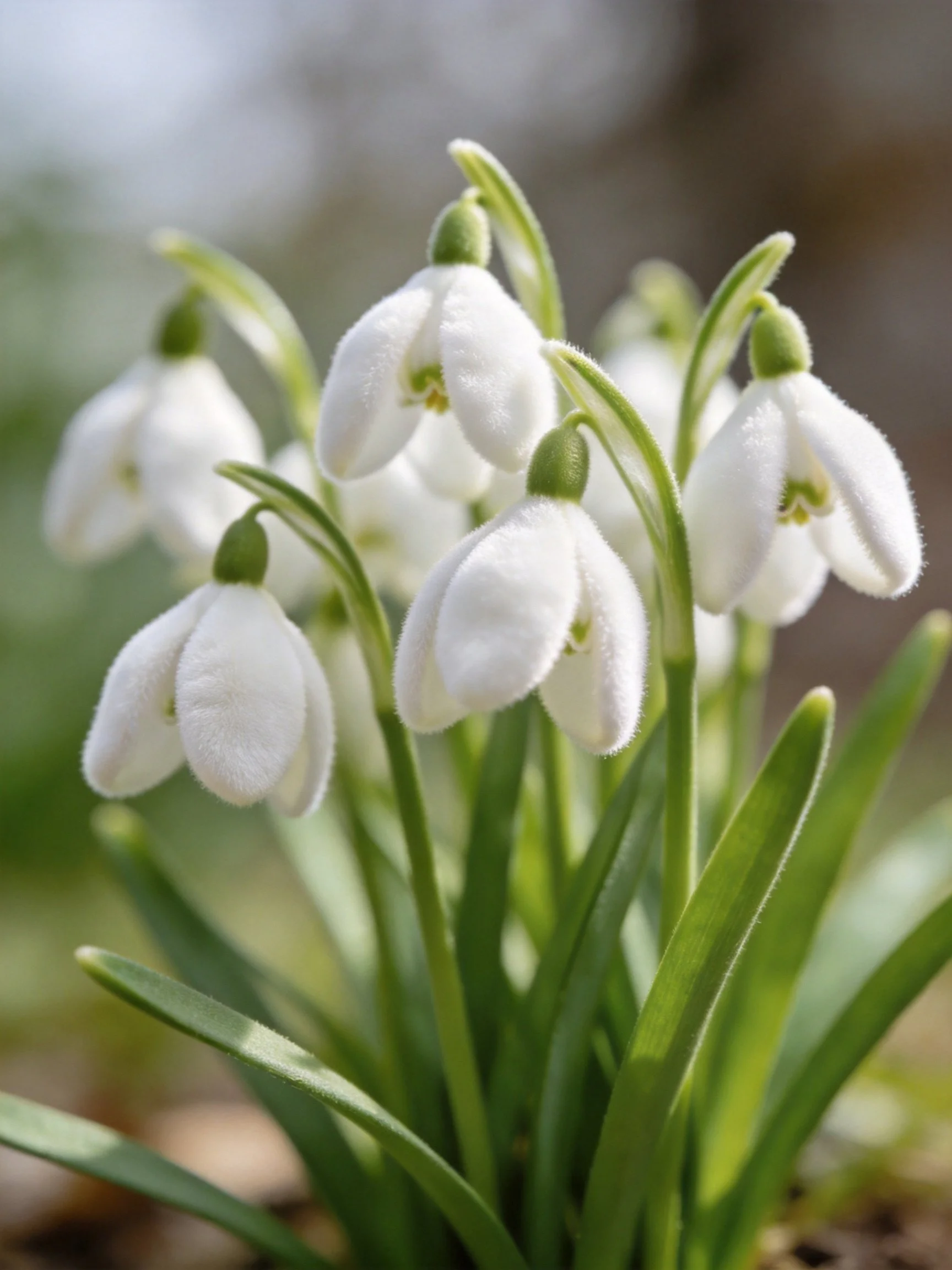 Snowdrops with white bell - shaped flowers and green stems