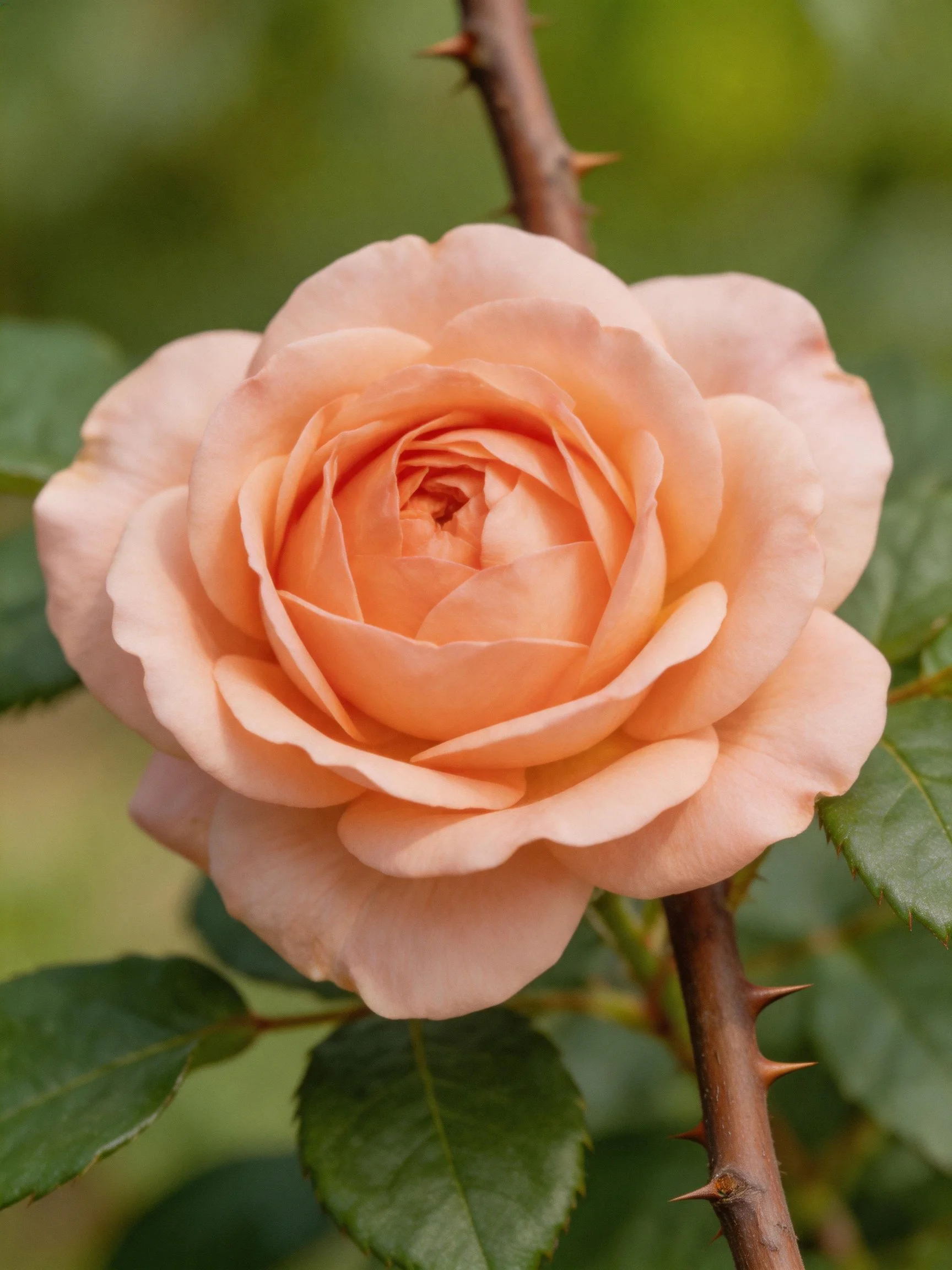 Soft peach rose with thorny stems and green leaves
