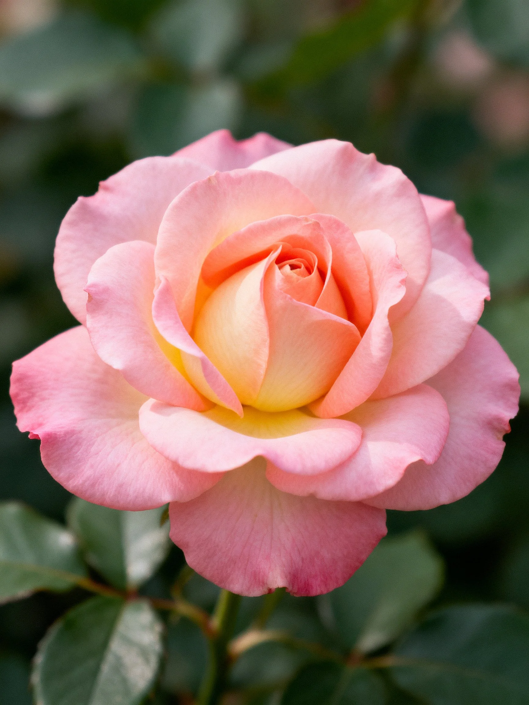 Soft pink and yellow rose with blurred green foliage