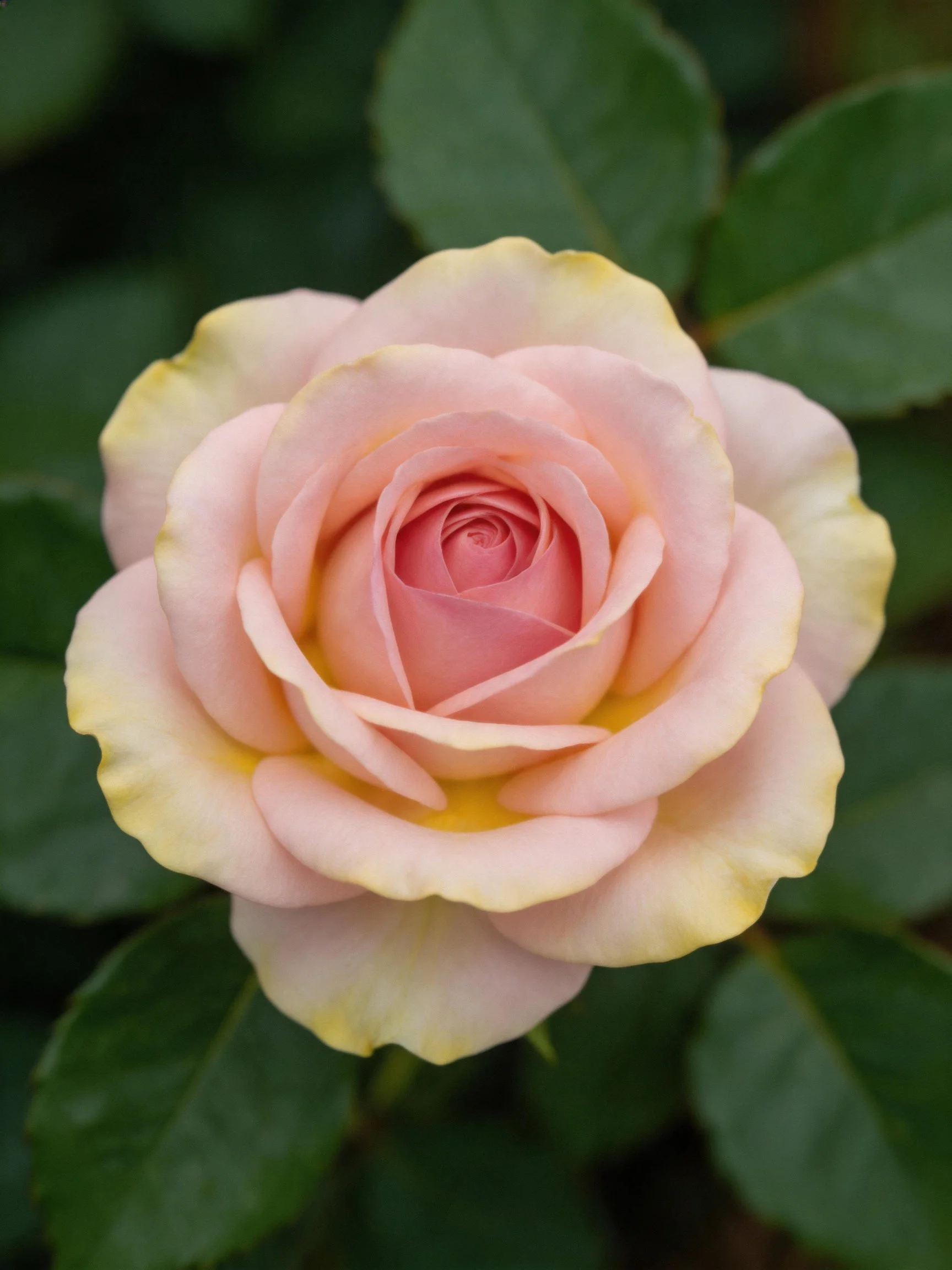 Soft pink and yellow rose with green foliage