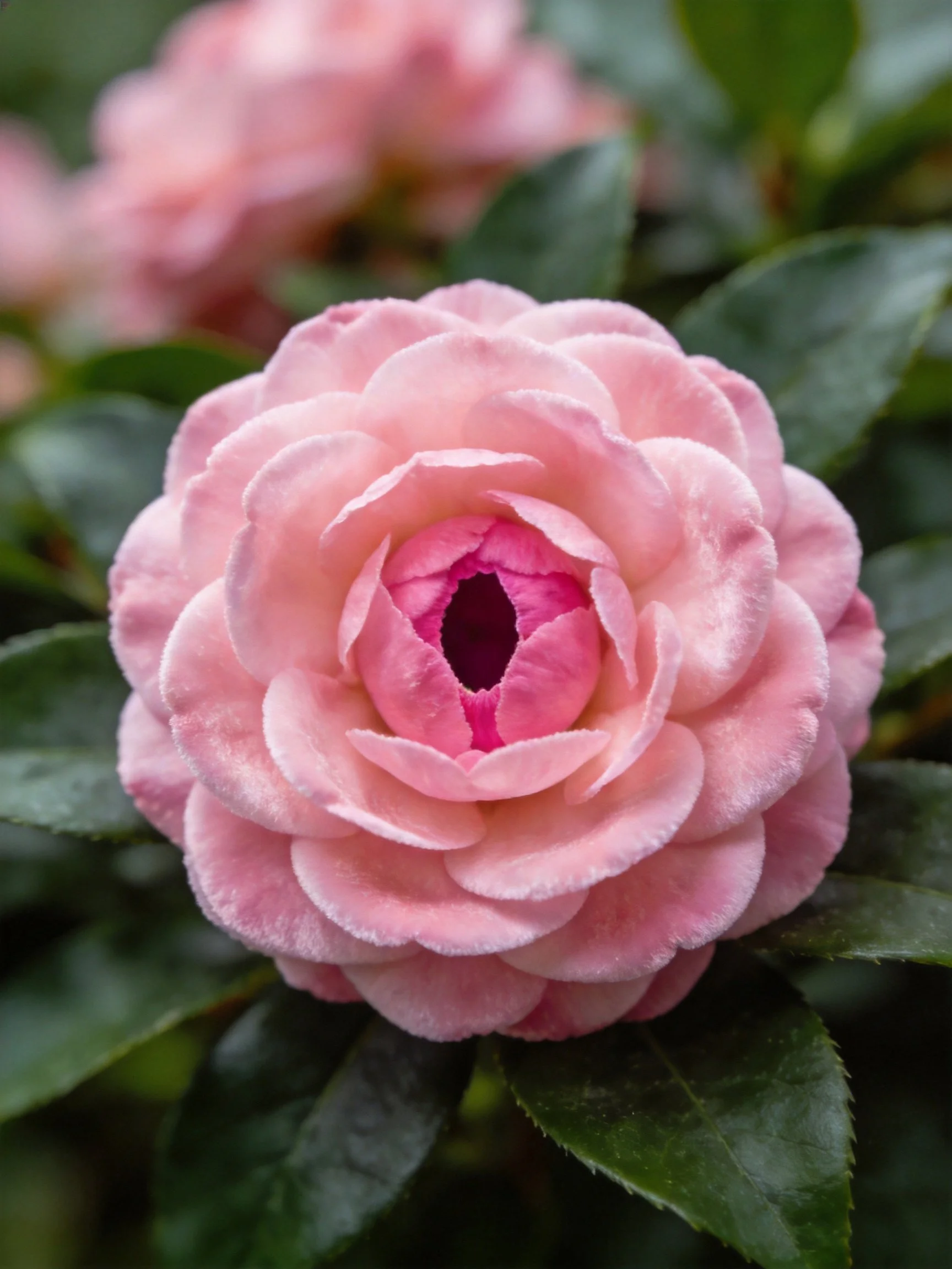 Soft pink camellia flower with dark green leaves