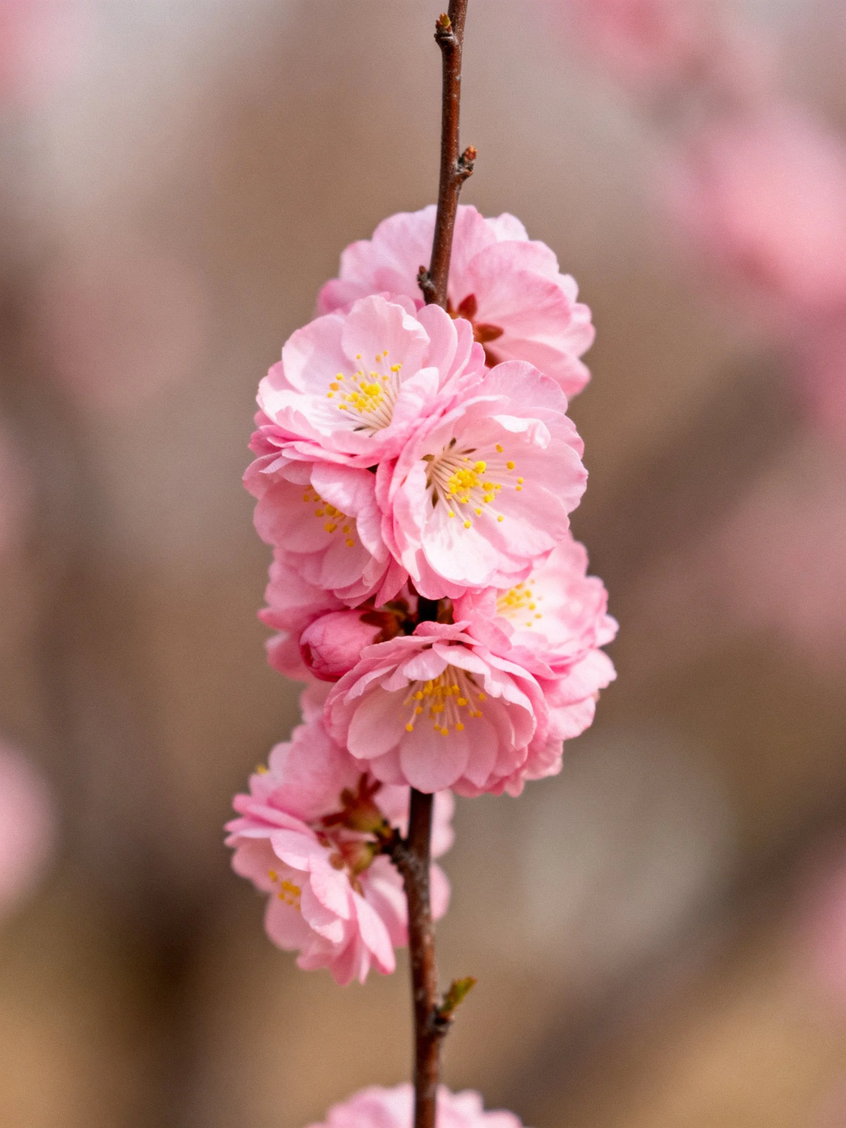 Soft pink cherry blossoms clustered on a slender brown branch