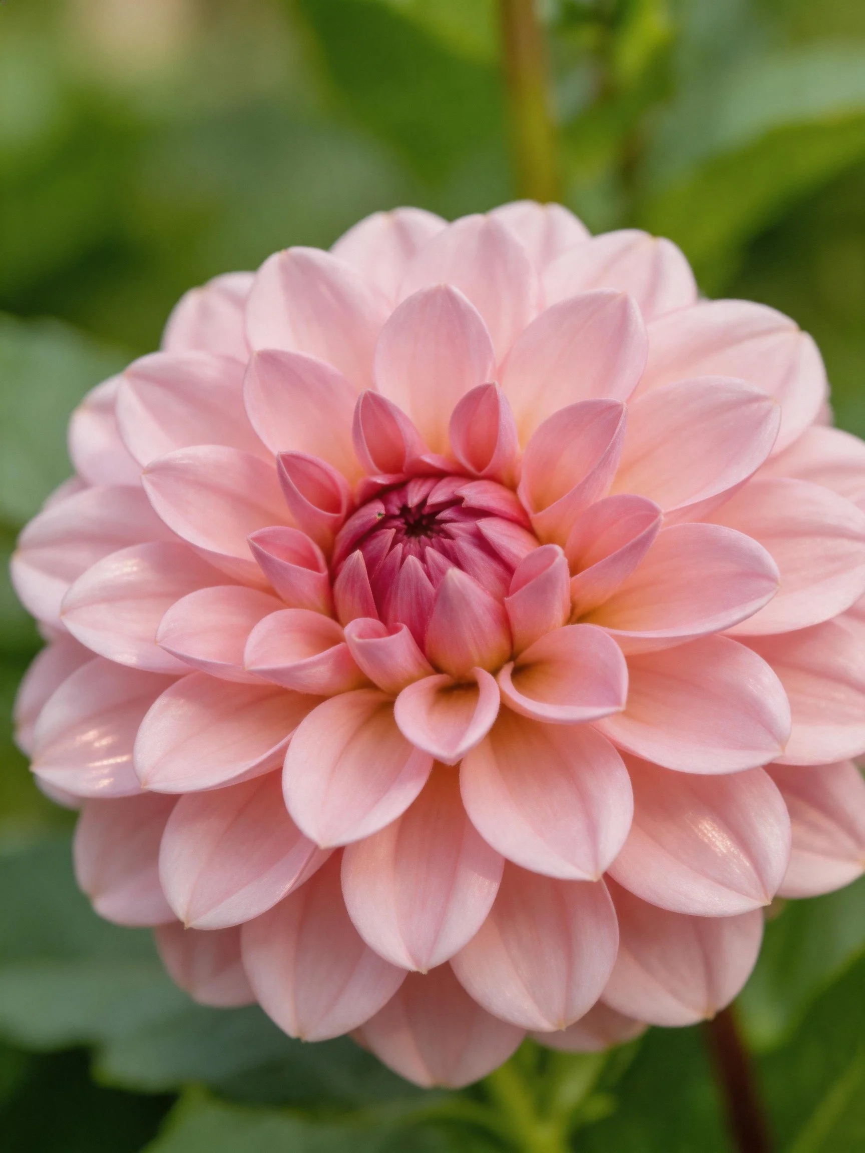 Soft pink dahlia with layered petals and blurred green backdrop